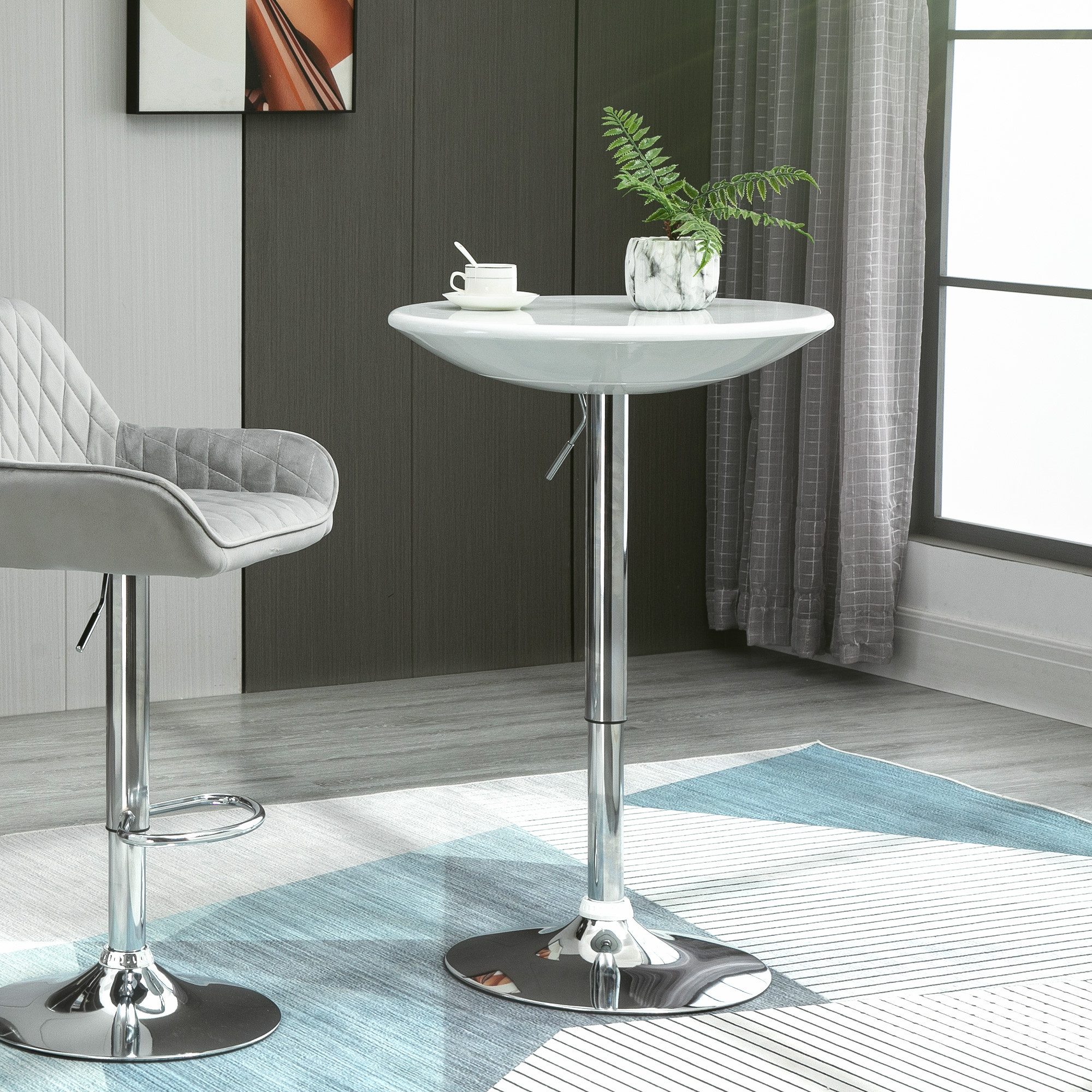 furnicato Bartisch Ø61 x 76-97 cm Weiß (1-St), Höhenverstellbarer Stehtisch mit 360-Grad-Platte für die Hausbar