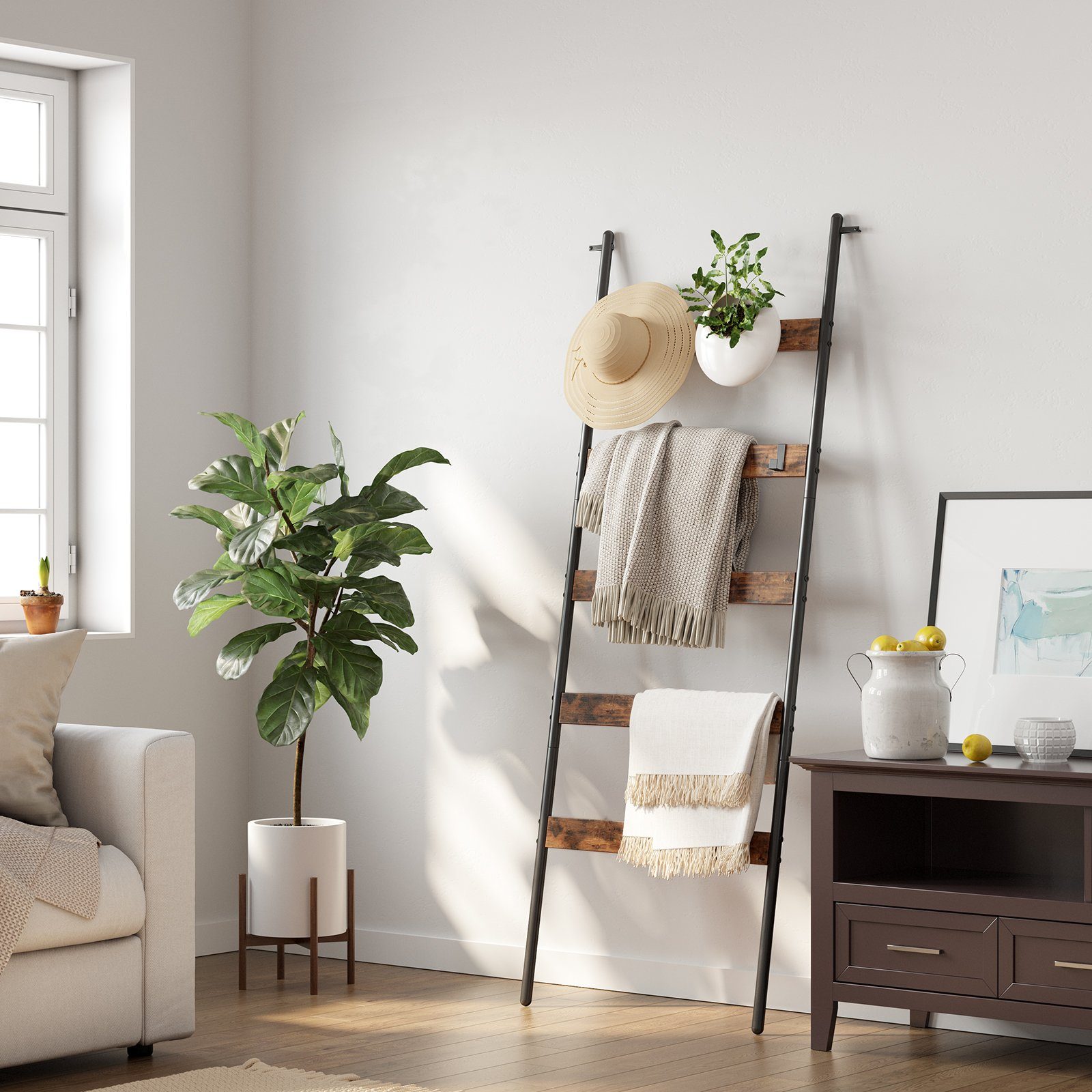 VASAGLE Handtuchleiter Handtuchstangen, Leiterregal, mit 5 Ebenen, 4 Haken günstig online kaufen