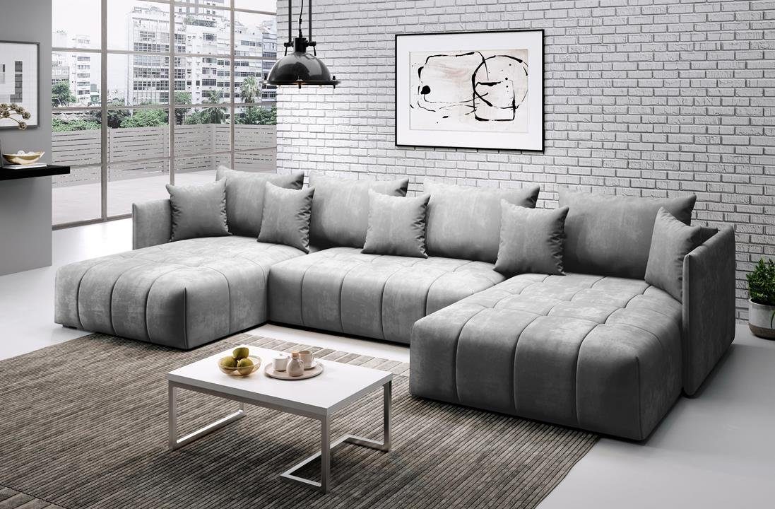 Furnix Ecksofa U-Form-Sofa ASVIL mit Schlaffunktion und Bettkasten, Farbauswahl, B353 x H80 x T180 cm, Made in Europe Hellgrau MH84