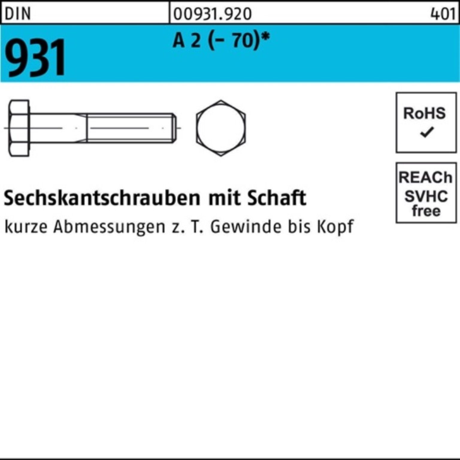 Schaft 65 M10x Reyher Sechskantschraube Sechskantschraube Pack 931 DIN A 100er St 100 2 (70)
