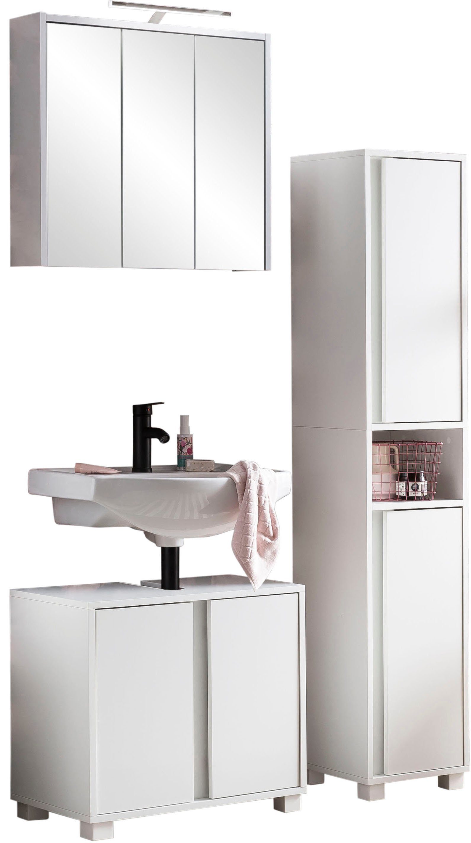 INOSIGN Badmöbel-Set Dex, Waschbeckenunterschrank, aus (3-St), Spiegelschrank bestehend Hochschrank