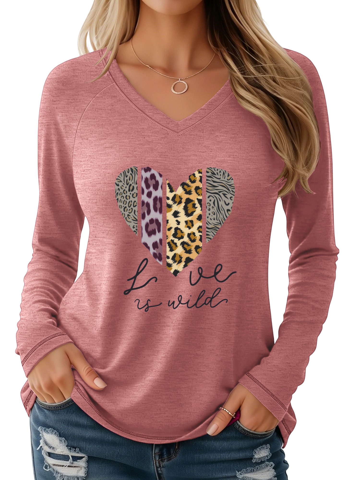 PYLIKE Longsleeve Damen V-Ausschnitt Longsleeve mit Herz mit Leopardenmuster Print-Shirt Geeignet für den täglichen Gebrauch im Büro und zu Hause
