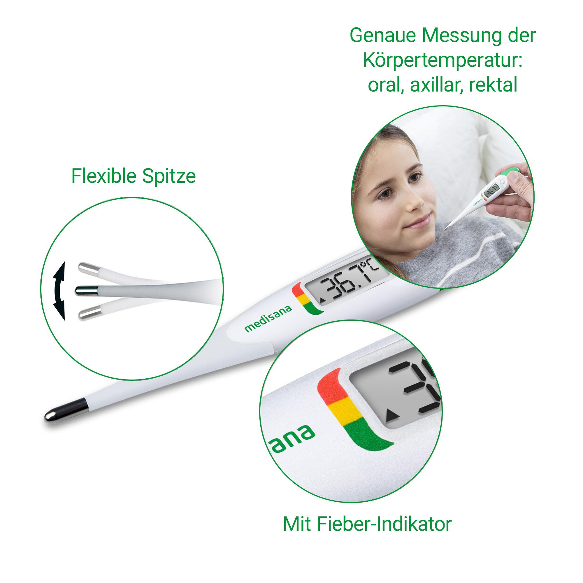 medisana Fieberthermometer TM 705, orale, axillare, rektale Messung mit flexibler Spitze, Ampelfarbskala