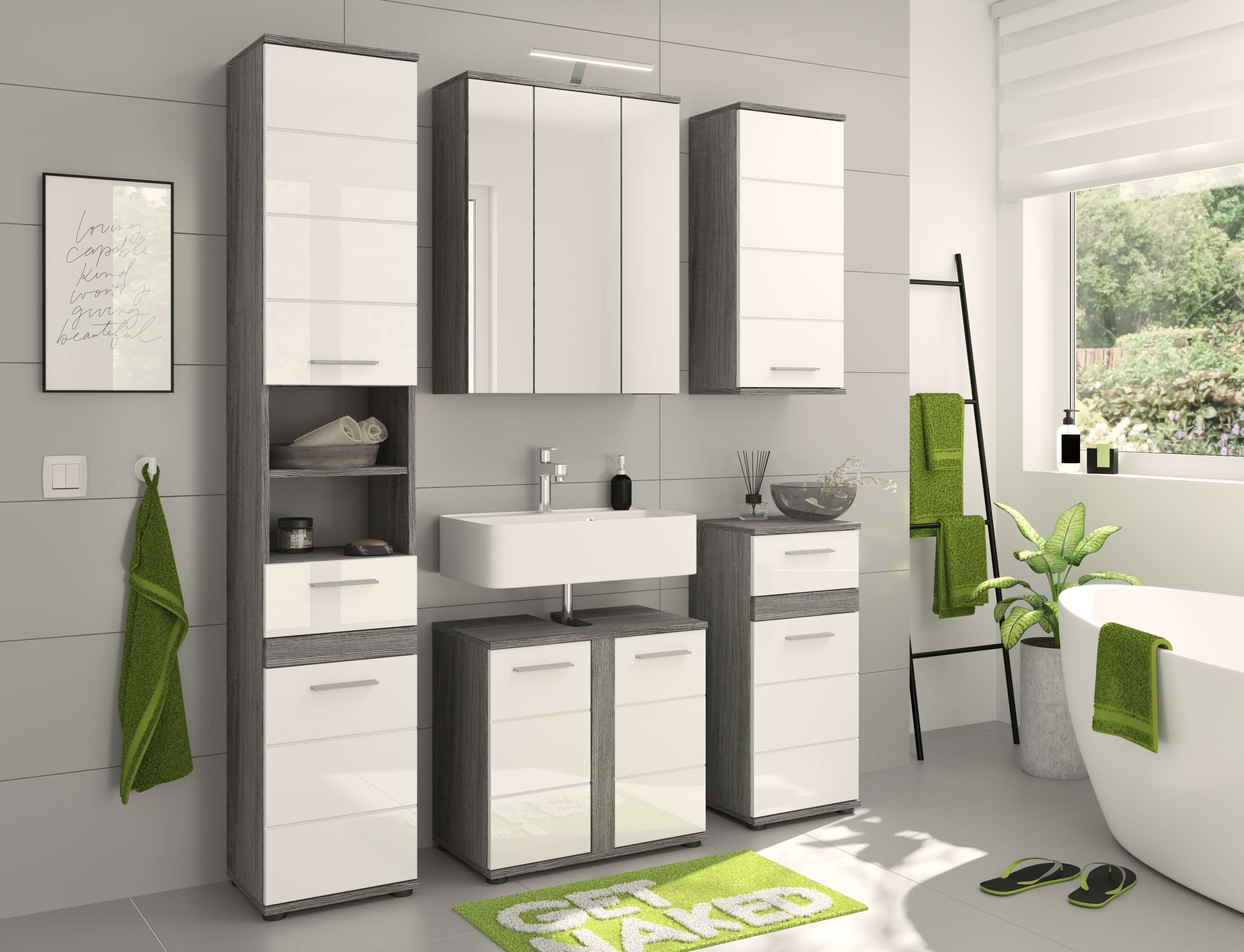 Newroom Kommode Pelia, Kommode Rauchsilber Weiß Hochglanz Modern Badschrank Standschrank Bad