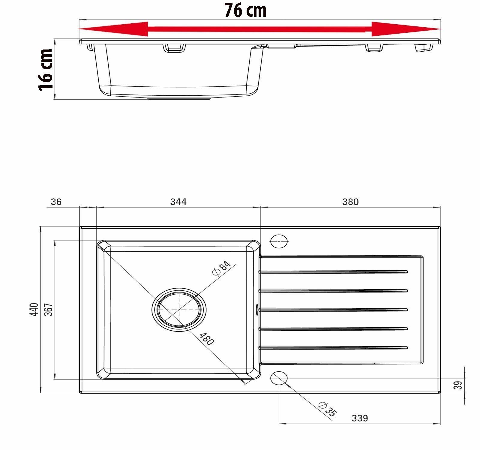 LADY 3 Homeline Siphon (Kombi Set, set, Ablaufgarnitur) St., Mit Eckig, Granitspüle Kpmplettes Einbauspüle Granit Spülbecken, Grau-Mettalic Granitspüle Küchenspüle