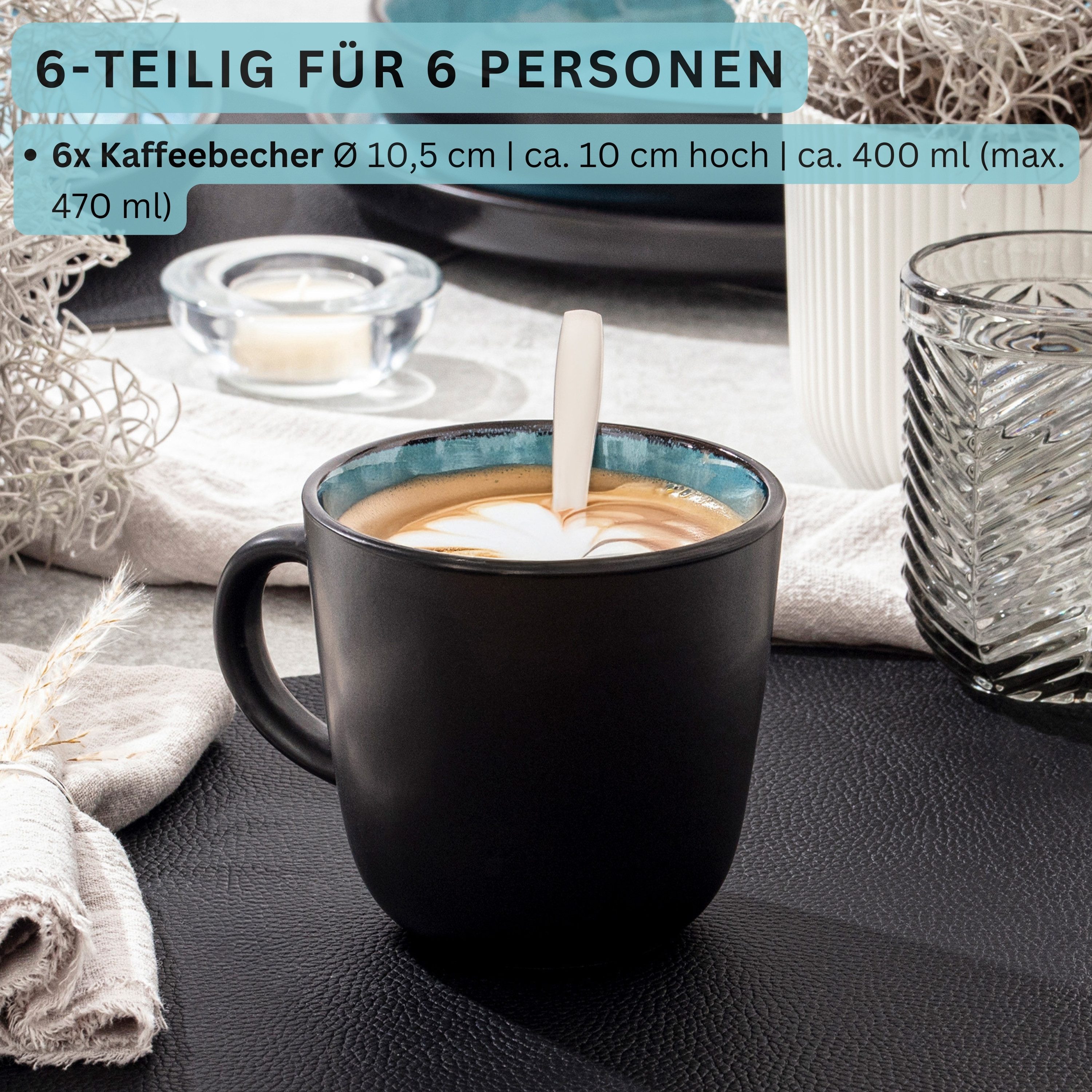 SÄNGER Becher Granada, 6-tlg., Steingut, 6 tlg. Kaffeebecher Set, 430 ml, Handmade, Blau, VALUE COLLECTION