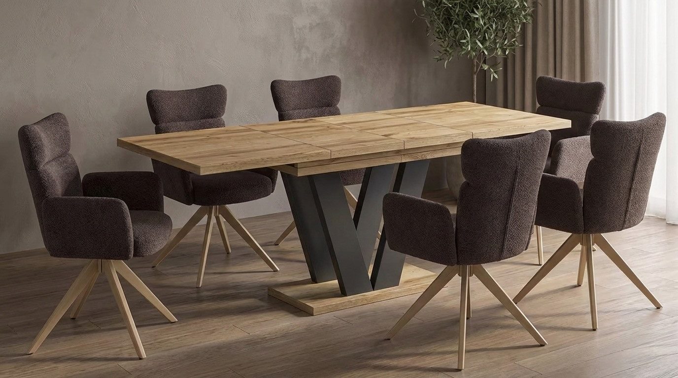 Endo-Moebel Essgruppe Essgruppe mit 6 Bouclé Stühlen und Esstisch Farbauswahl Hochlehner