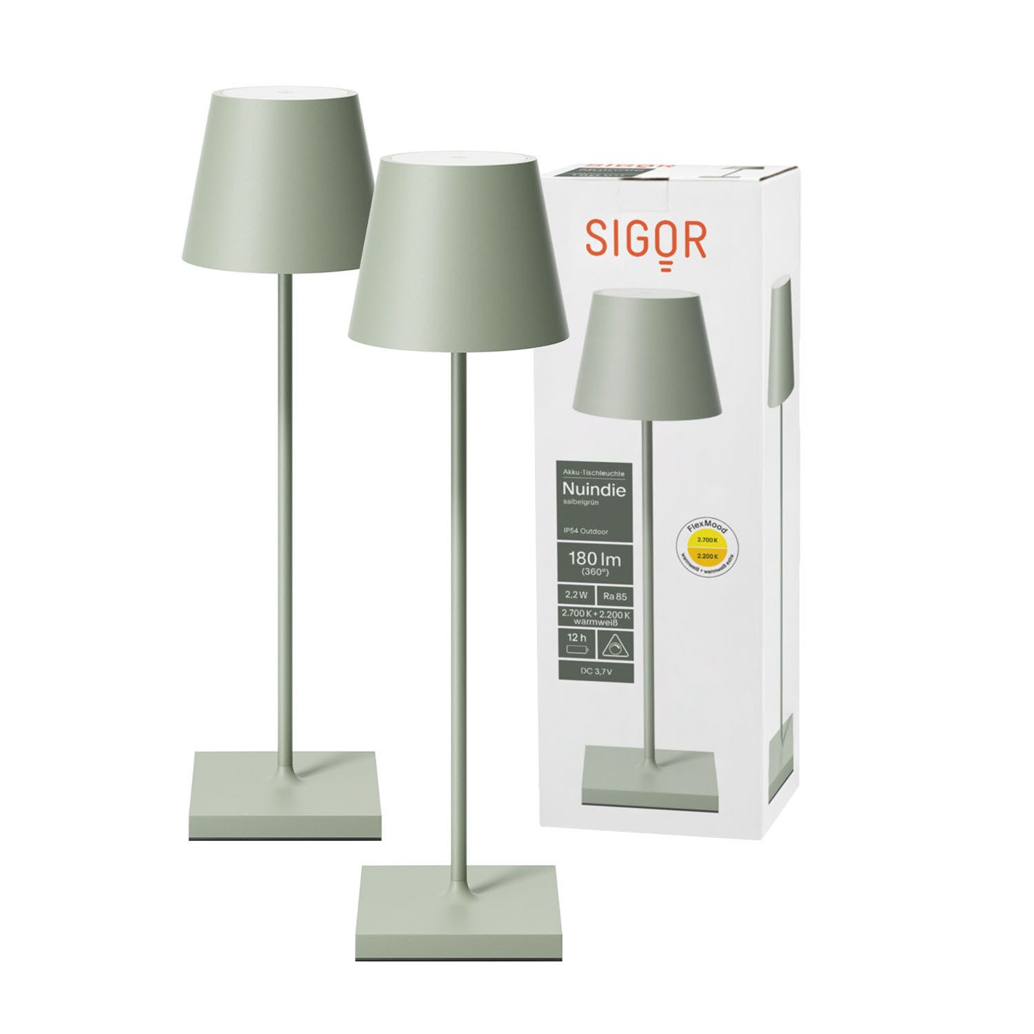 SIGOR LED Tischleuchte 2x Nuindie USB-C 380mm salbeigrün, Dimmbar, LED fest integriert, 2.700 K / 2.200 K