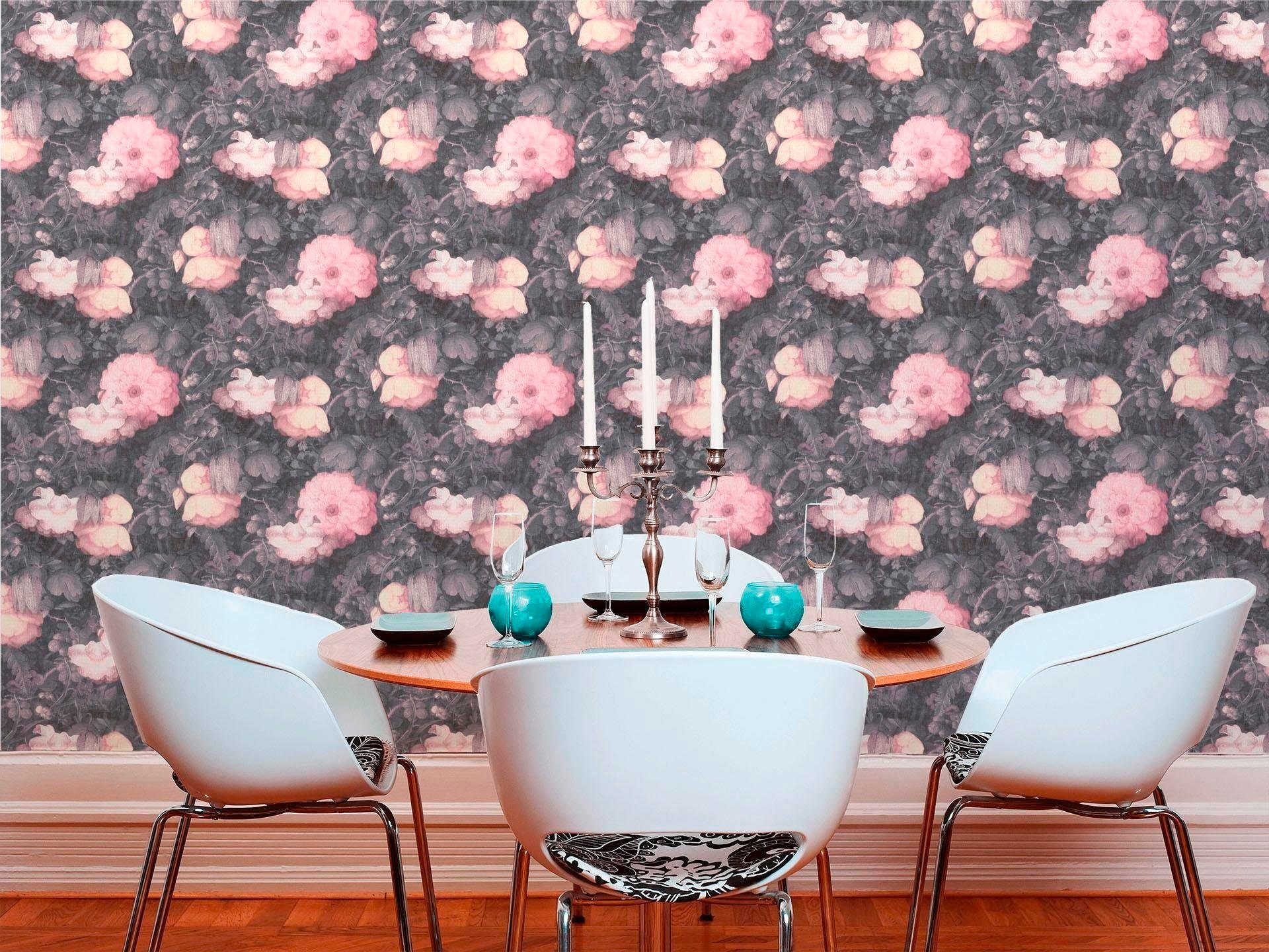 Bricoflor Blumen Tapete Gemalt Vintage Blumentapete in Rosa Grau für Esszim günstig online kaufen