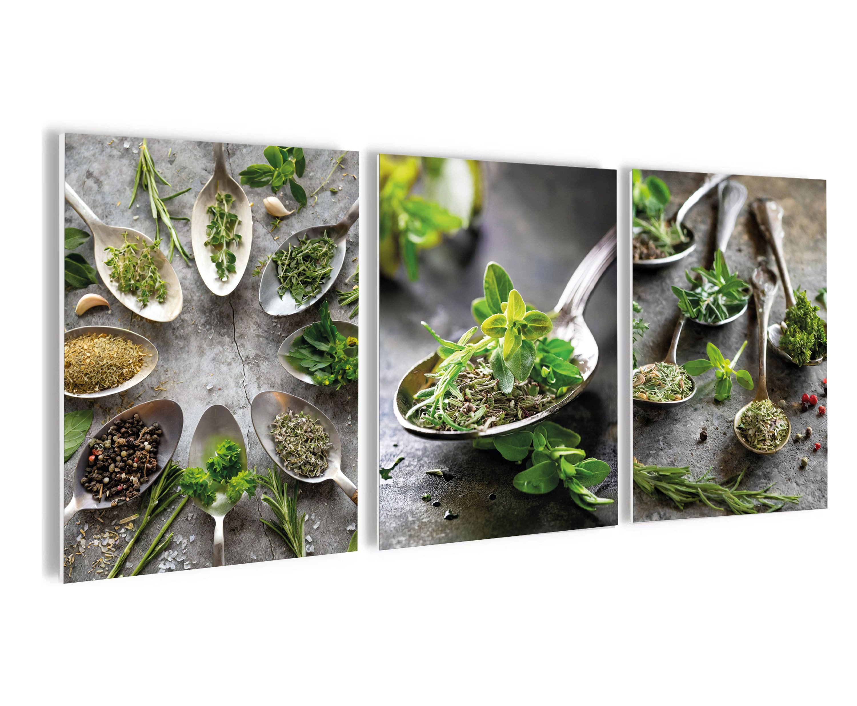 artissimo Mehrteilige Bilder Bilderset 3er-Set, Deko Küche, Küchendeko Wandbilder-Set, Bilder grün, modernes Küchenbild: Kräuter auf Löffeln