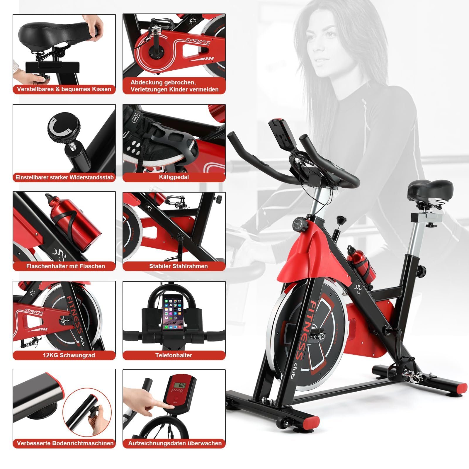Fitnessclub Heimtrainer LCD-Display, Cycle, Schwungrad einstellbare Indoor 12kg mit Sitzhöhe einstellbare Rot Sitzhöhe, & & mit Schwungrad