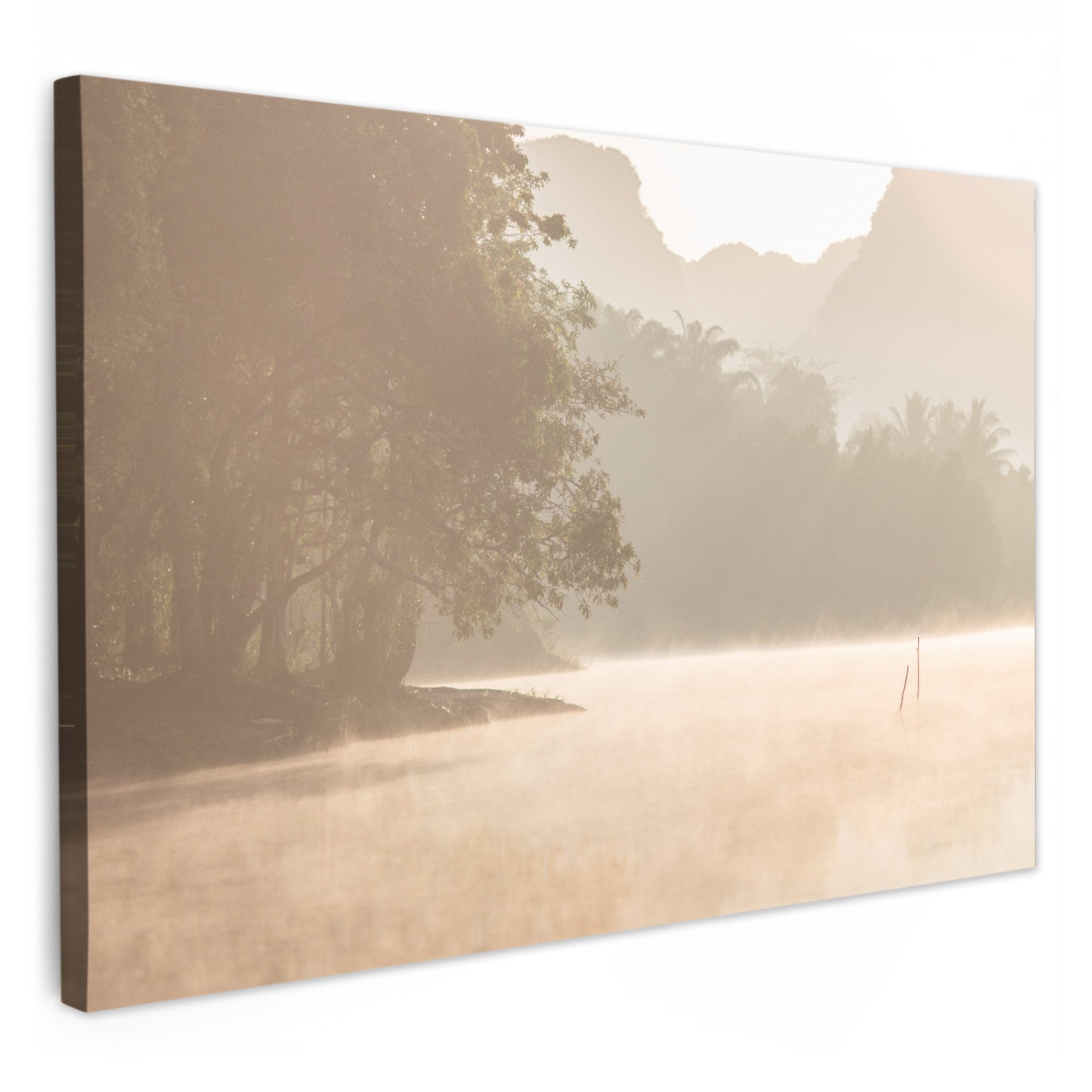 OneMillionCanvasses® Leinwandbild Landschaft - Wald - Wasser - Nebel - Beige, Fotodruck (1 St), Bilder für Badezimmer, Bad und Toiletten Deko, Bild WC 30x20 cm