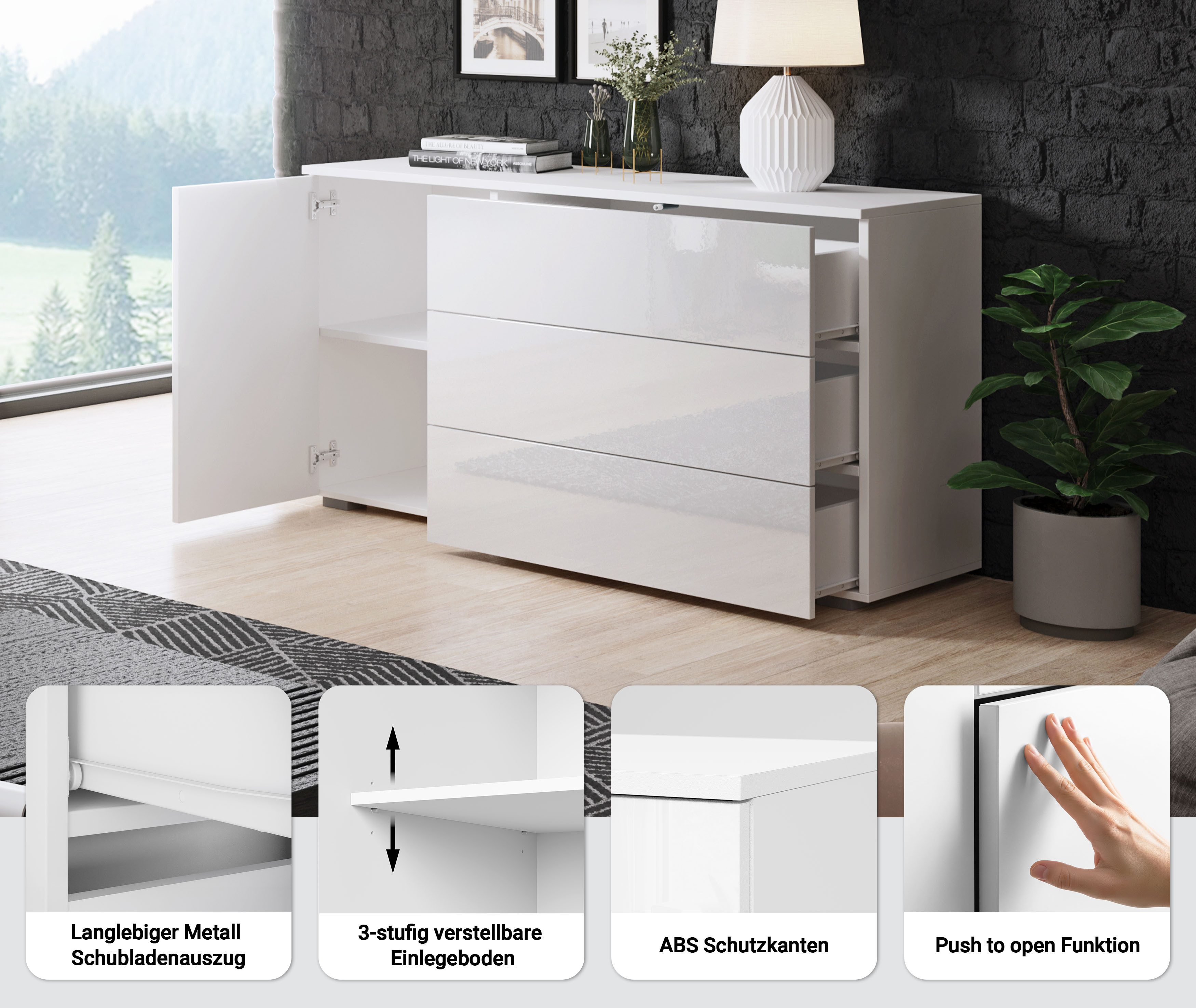 OTTO home Sideboard PARIS (1 St), Moderne 110cm breite grifflose Kommode, vielseitig einsetzbar