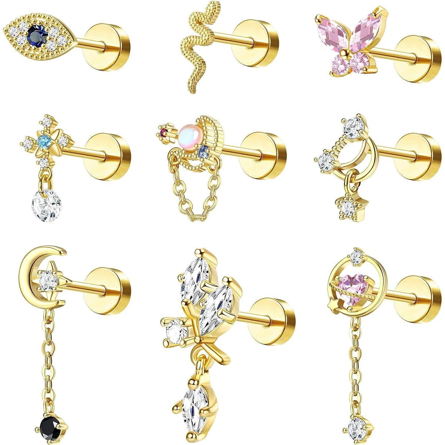 Kakonia Piercing-Set 9er Set Schmetterling Tragus Helix Piercings Gold Silber Roségold