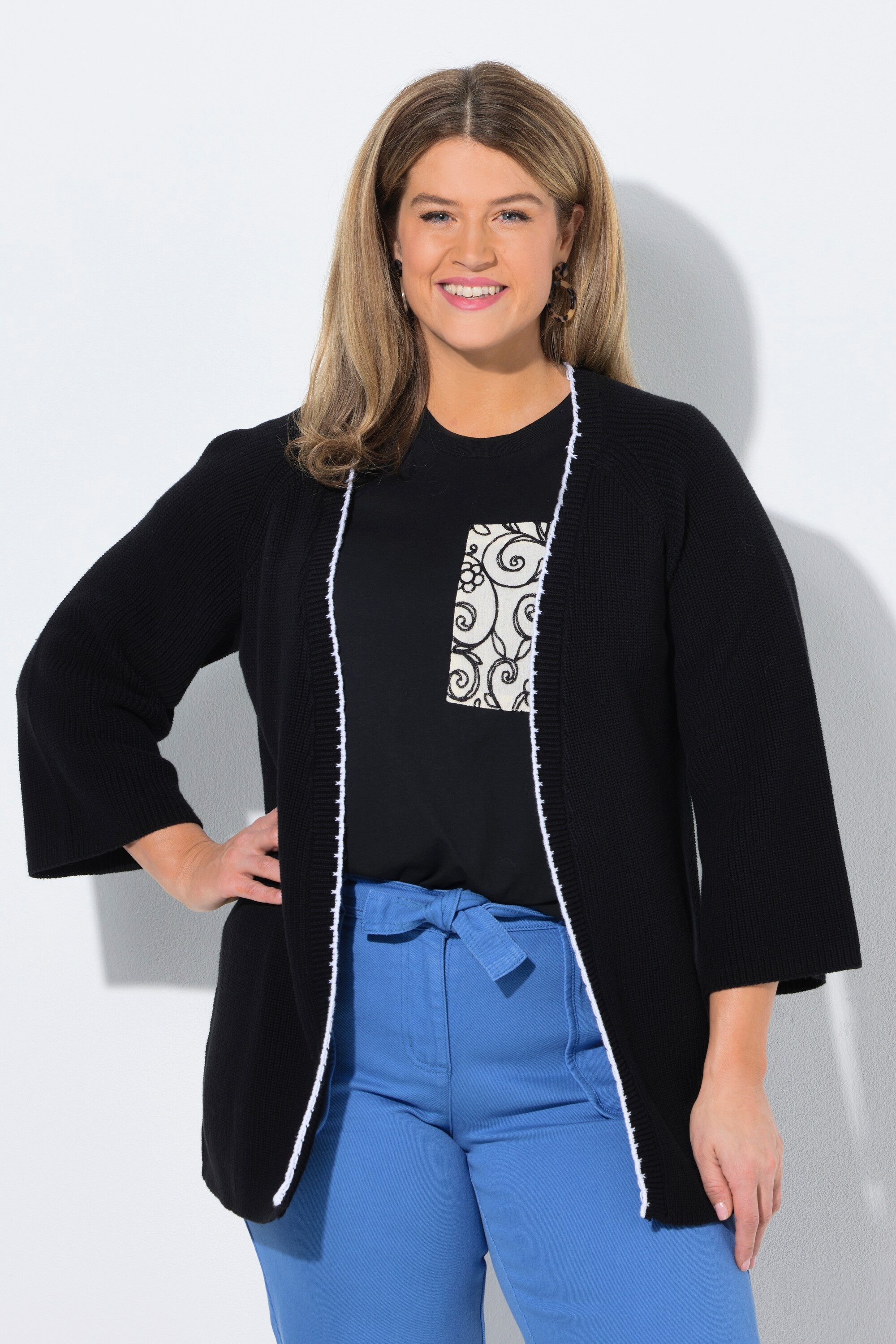 Ulla Popken Strickjacke Strickjacke Zierkanten V-Ausschnitt 3/4-Arm