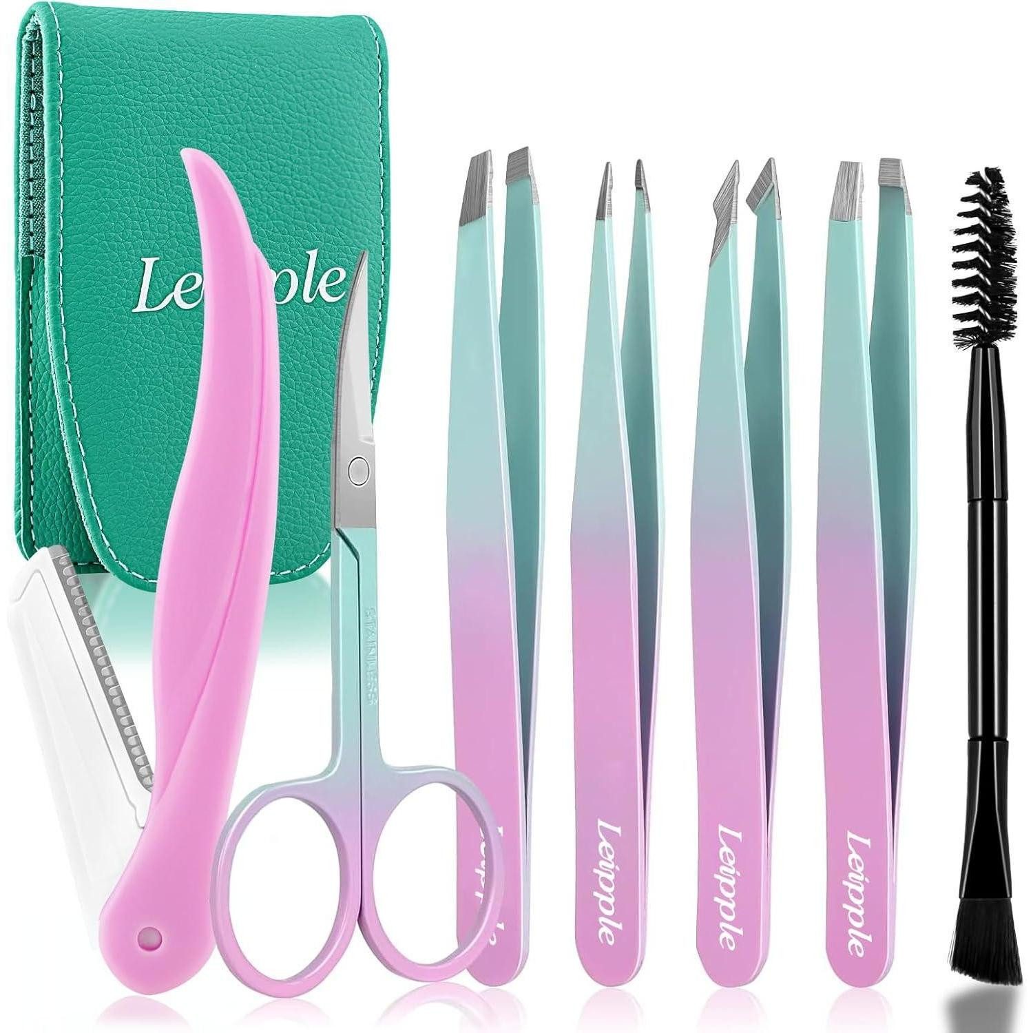 LuxusKollektion Augenbrauenpinzette Pinzetten Set 7-teilig für Frauen mit Reiseetui - Präzisions Edelstahl