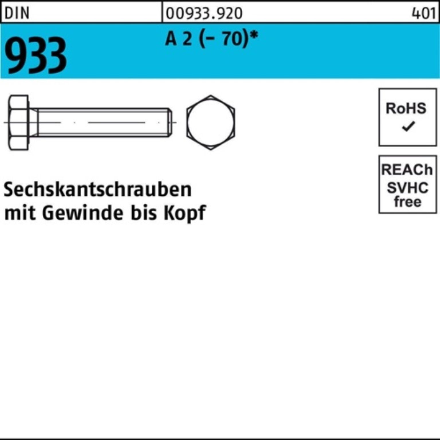 Reyher Sechskantschraube 100er Pack 100 VG 2 M6x 933 A D Sechskantschraube 30 Stück (70) DIN