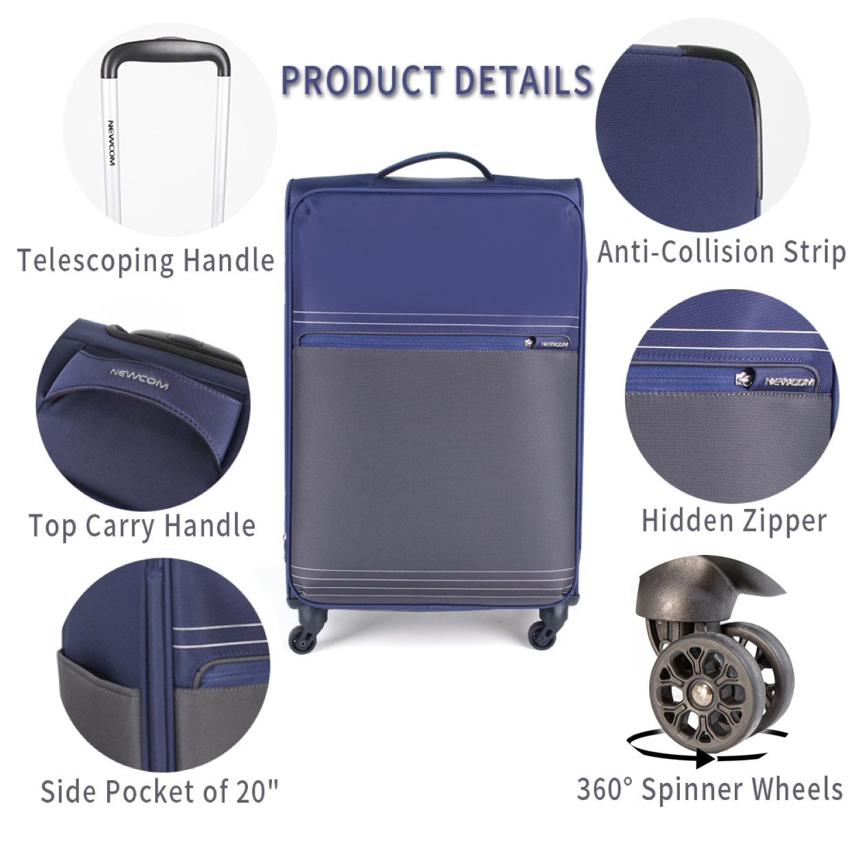 NEWCOM Weichgepäck-Trolley Design Stoffkoffer / Reisekoffer / Weichschalenkoffer, 4 Rollen, 20 Zoll, Blau, Super Leicht, Haltbar Weichgepäck