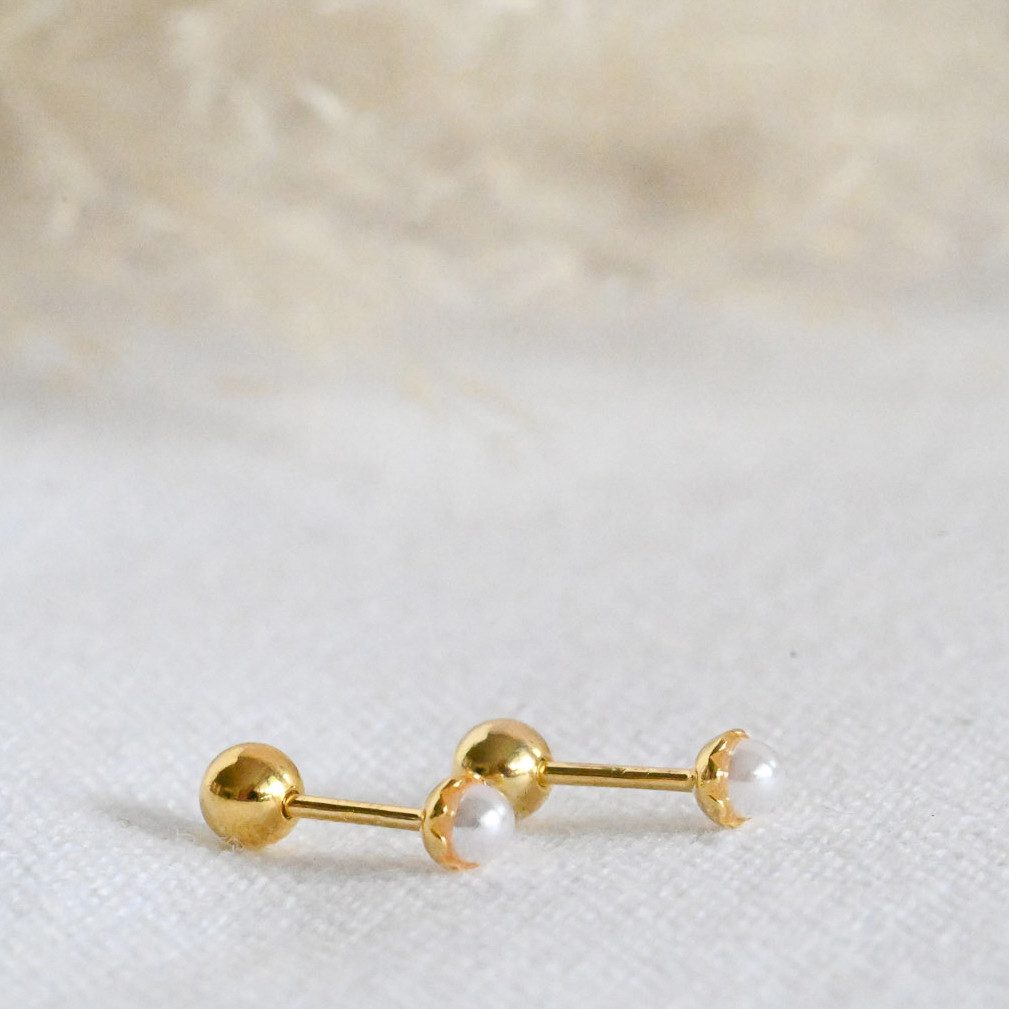 Runde Perlé Perlenohrringe kleine Ohrstecker, 925er Silber, 18K Gold, Süßwasserperlen, beidseitig tragbar (inkl. Geschenkverpackung)