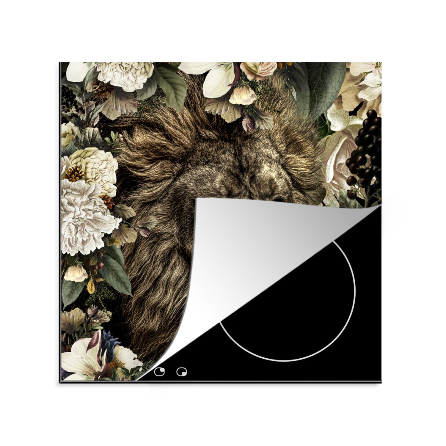 MuchoWow Herdblende-/Abdeckplatte Löwe - Blumen - Blatt, Vinyl, (1 tlg), 78x78 cm, Ceranfeldabdeckung, Arbeitsplatte für küche