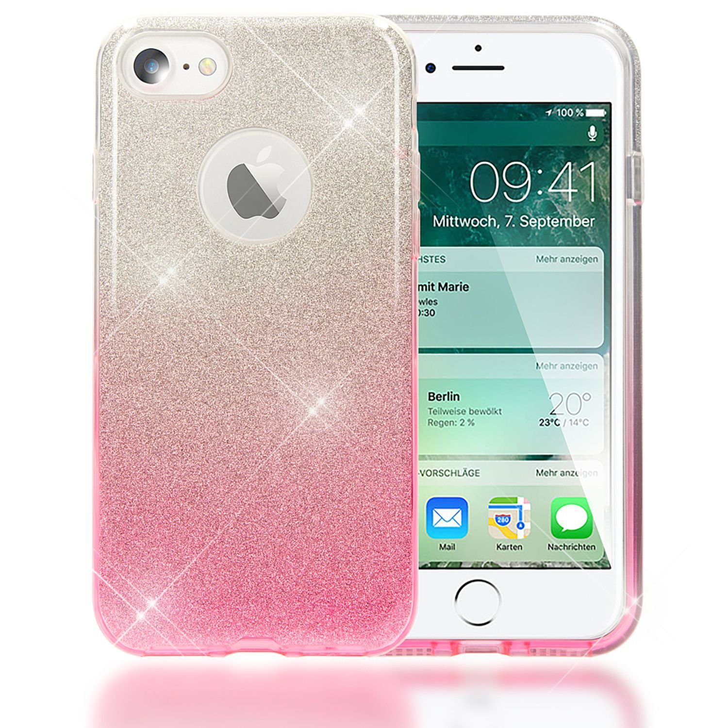 Nalia Smartphone-Hülle Apple iPhone 7, Glitzer Silikon Hülle / Erhöhte Schutzwirkung durch verstärkte Innenseite / Glitter Case mit Farbverlauf / Stoßfest / Bling Cover / Phone Bumper Schutzhülle Backcover Etui Handy-Tasche Handycase Handycover