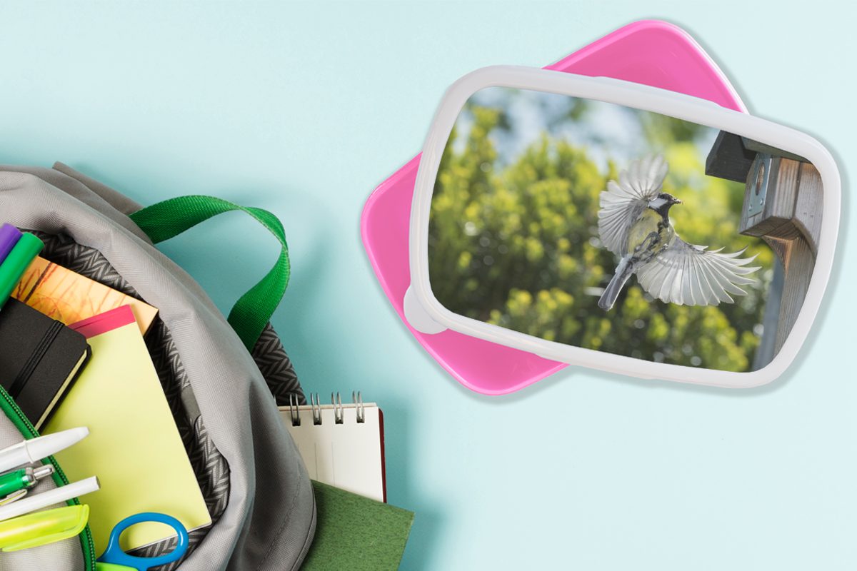 in fliegt (2-tlg), Kunststoff, rosa Brotbox MuchoWow Lunchbox für Vogelhaus, ein Kunststoff Eine Kinder, Snackbox, Brotdose Mädchen, Kohlmeise Erwachsene,