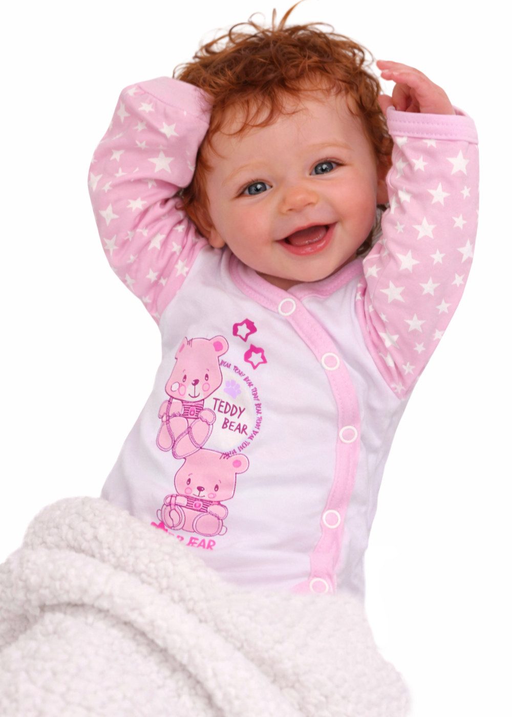 La Bortini Strampler Wickelbody Stramplerhose Body Baby Anzug in Rosa mit Bär aus reiner Baumwolle, mit Kratzschutz, 44 50 56 62 68 74