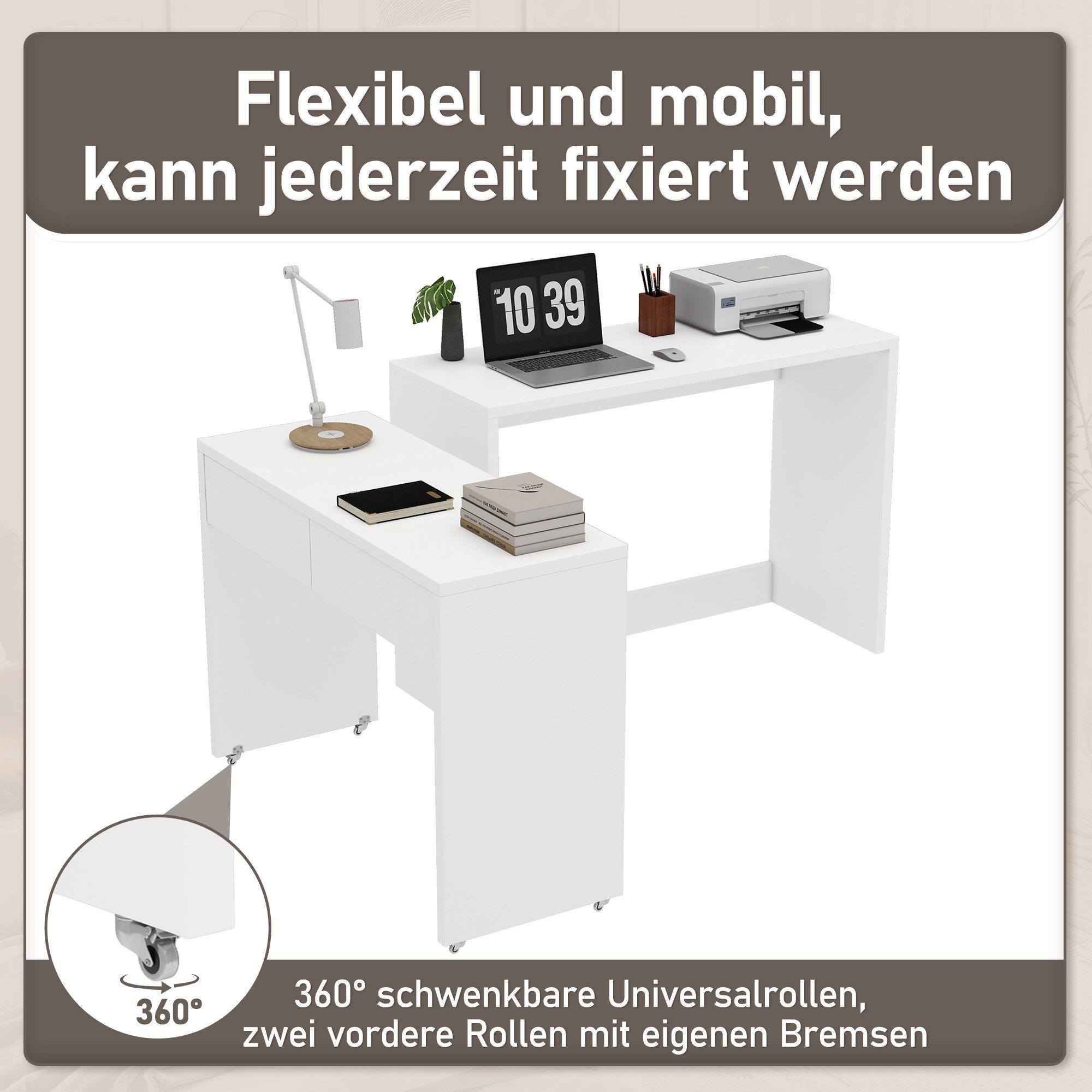Flieks Schreibtisch Regalschreibtisch & ausziehbare Kommode 2-in-1 Kompaktschreibtisch (flexibel kombinierbar Tisch, 2-St., 2er Set), Arbeitstisch Bürotisch Com – Bild 4 von 5