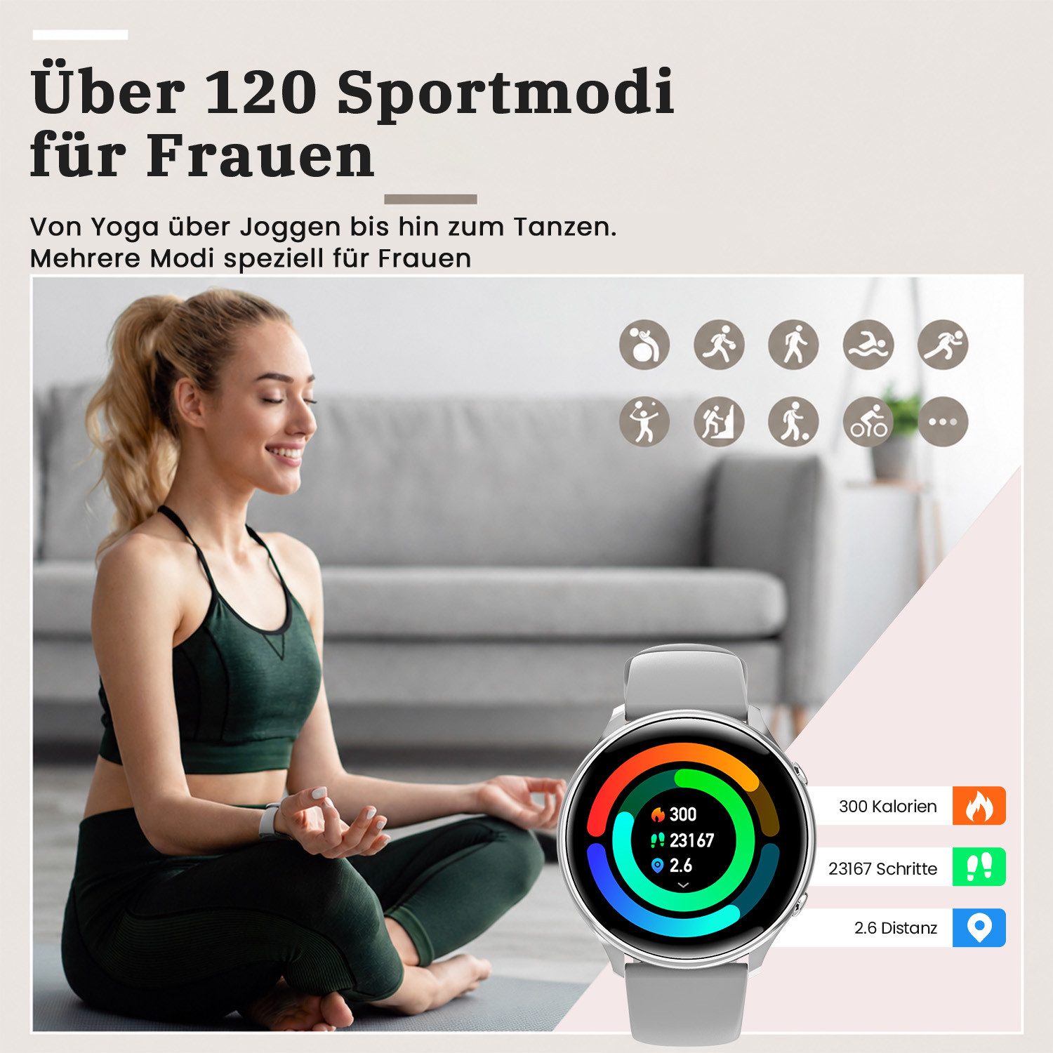 Whraills Smartwatch Damen 4.7mm ultradünn mit 120+ Sportmodi/Pulsuhr/Blutdruck Smartwatch 1,43″ AMOLED Display Fitnessuhr Damen mit SpO2/Schlafmonitor,Zyklus, Stressmessung,Atemtraining,20 Tage Akku,IP68, Geschenk für Frauen silberfarben
