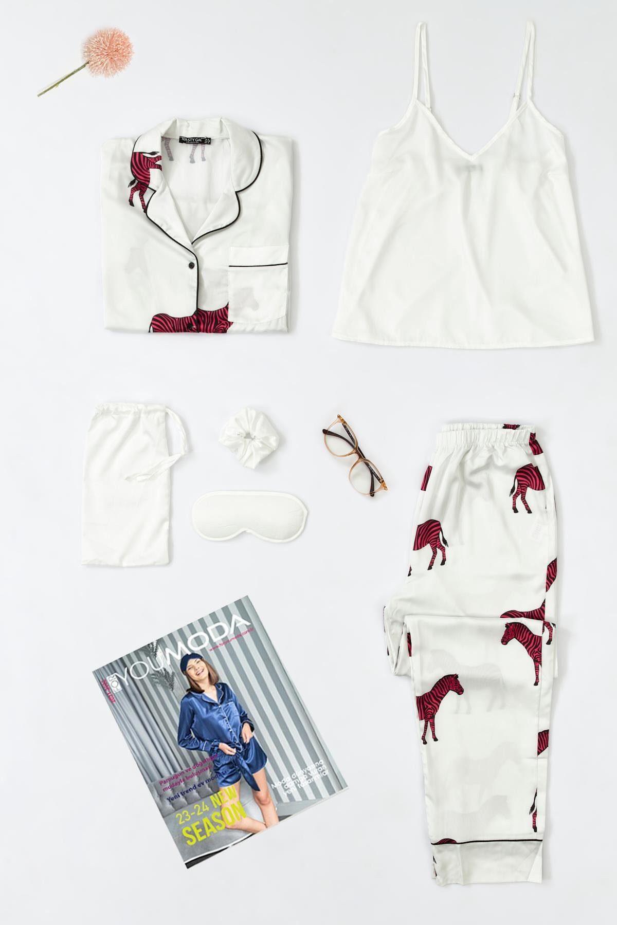 For You Moda Schlafanzug 6-teiliges Zebra-Print Ecru Satin Pyjama-Set günstig online kaufen