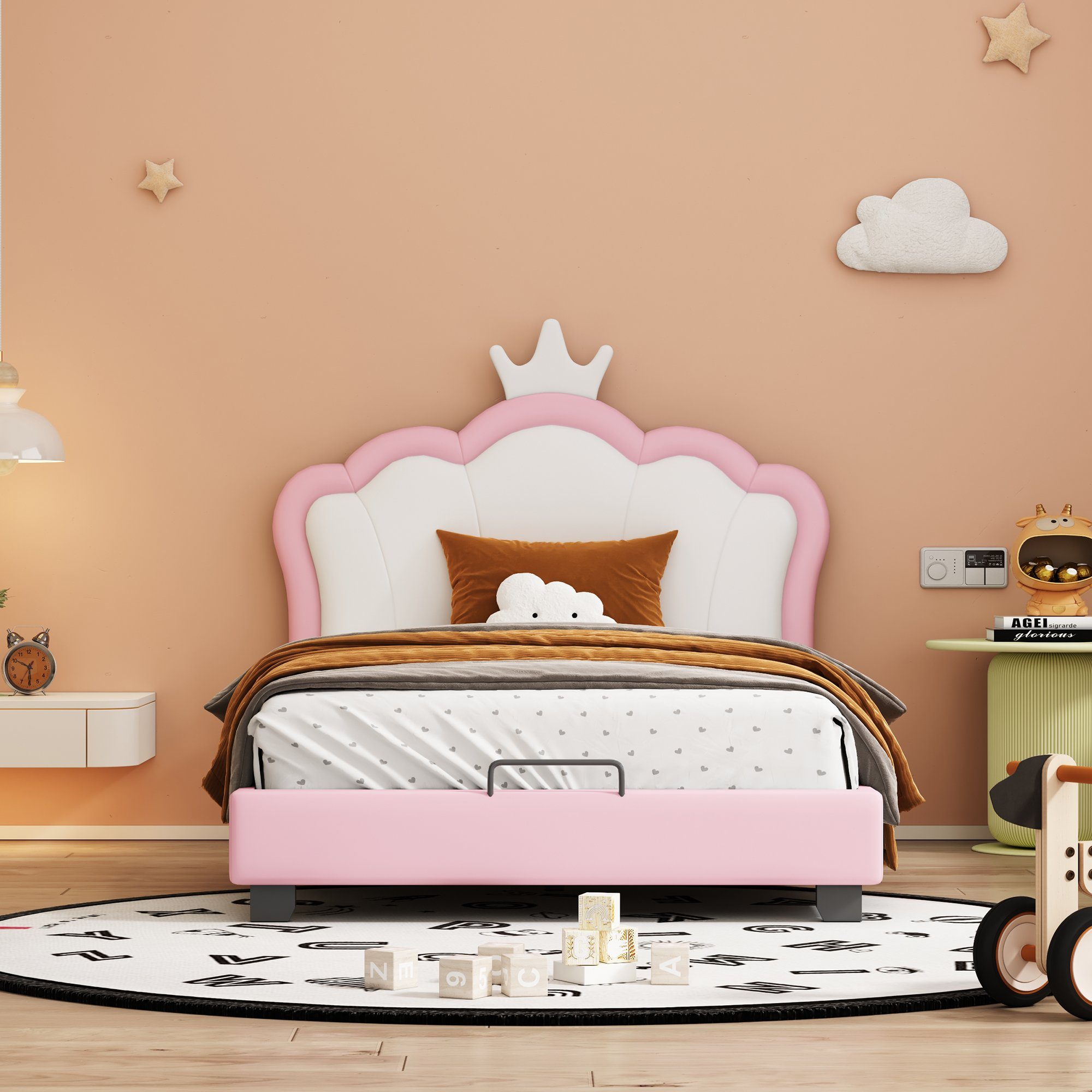 Flieks Polsterbett, Kinderbett rosa Kroneform 90x200cm Kunstleder mit Kopfteil