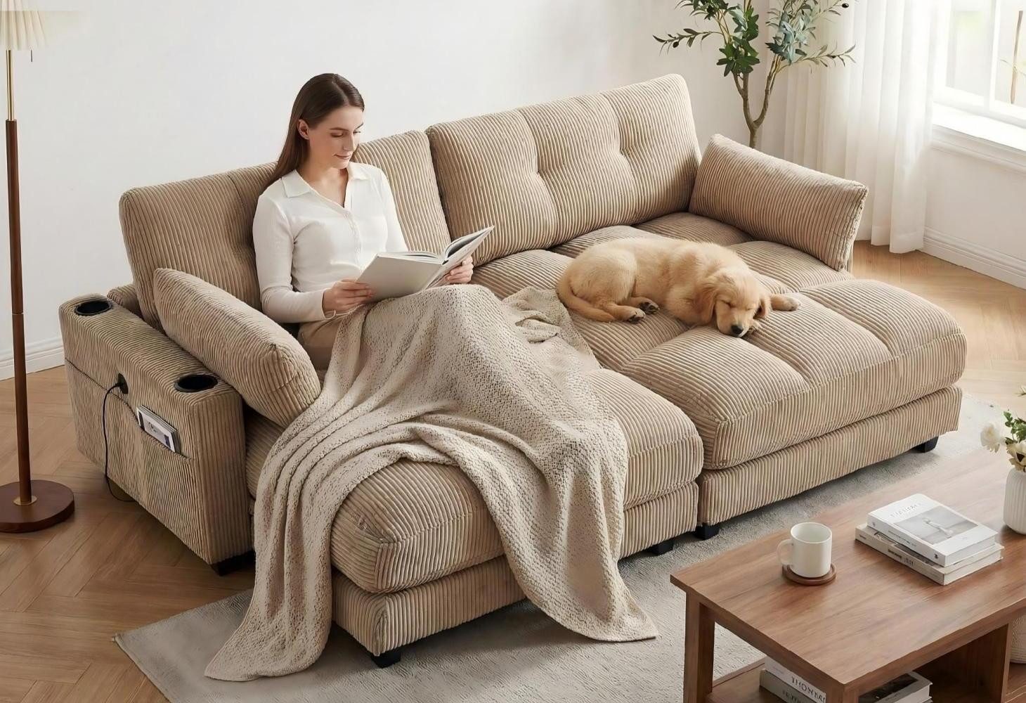 LVHOM Polsterliege Ottomane/Loungesofa/Polsterbett/Daybett/Gästebetten/Schlafsofa (USB/Typ C-Ladeanschlüssen, Seitentaschen, Getränkehalter, modularer Flexibilität Palmen Sessel, links & rechts tauschbare Armlehnen, Schlaffunktion, Platzsparend, 2-St., Multifunktional für Kleinwohnung, Homeoffice und Gästeübernachtung), Perfekt für Wohnzimmer, Schlafzimmer, Jugendzimmer, Gästezimmer