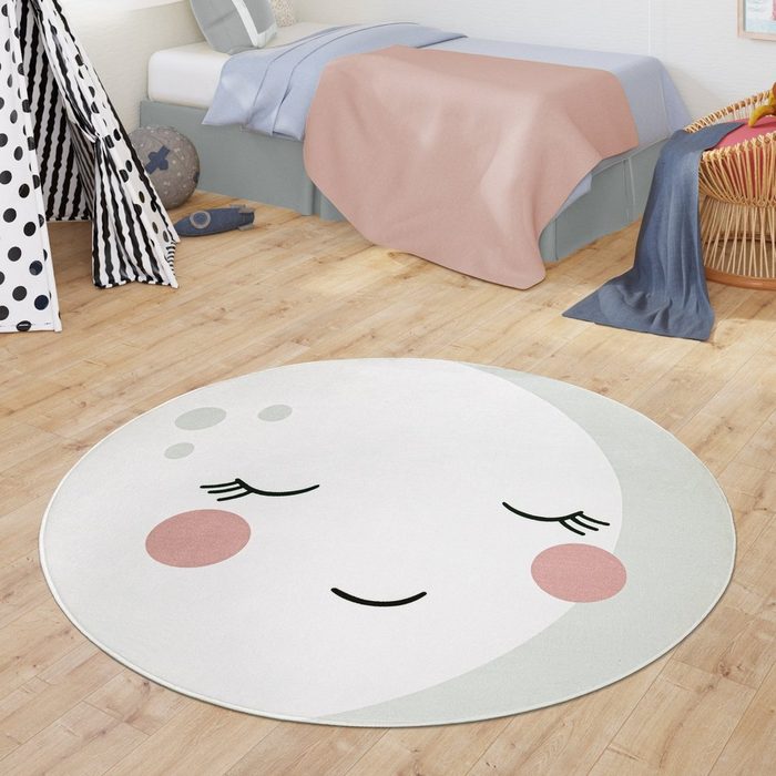 Kinderteppich Teppich Kinderzimmer Runder Teppich Babymatte Für Jungs Mädchen Modernes Mond Design TT Home rund Höhe: 8 mm