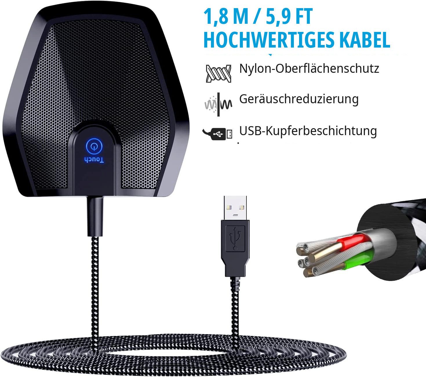 TONOR Mikrofon TONOR G11 USB Mikrofon 360° omnidirektional, mit Stummschalttaste, Plug & Play, Reichweite 3,5 m, Metallgehäuse, Windows & macOS, LED – Bild 4 von 5