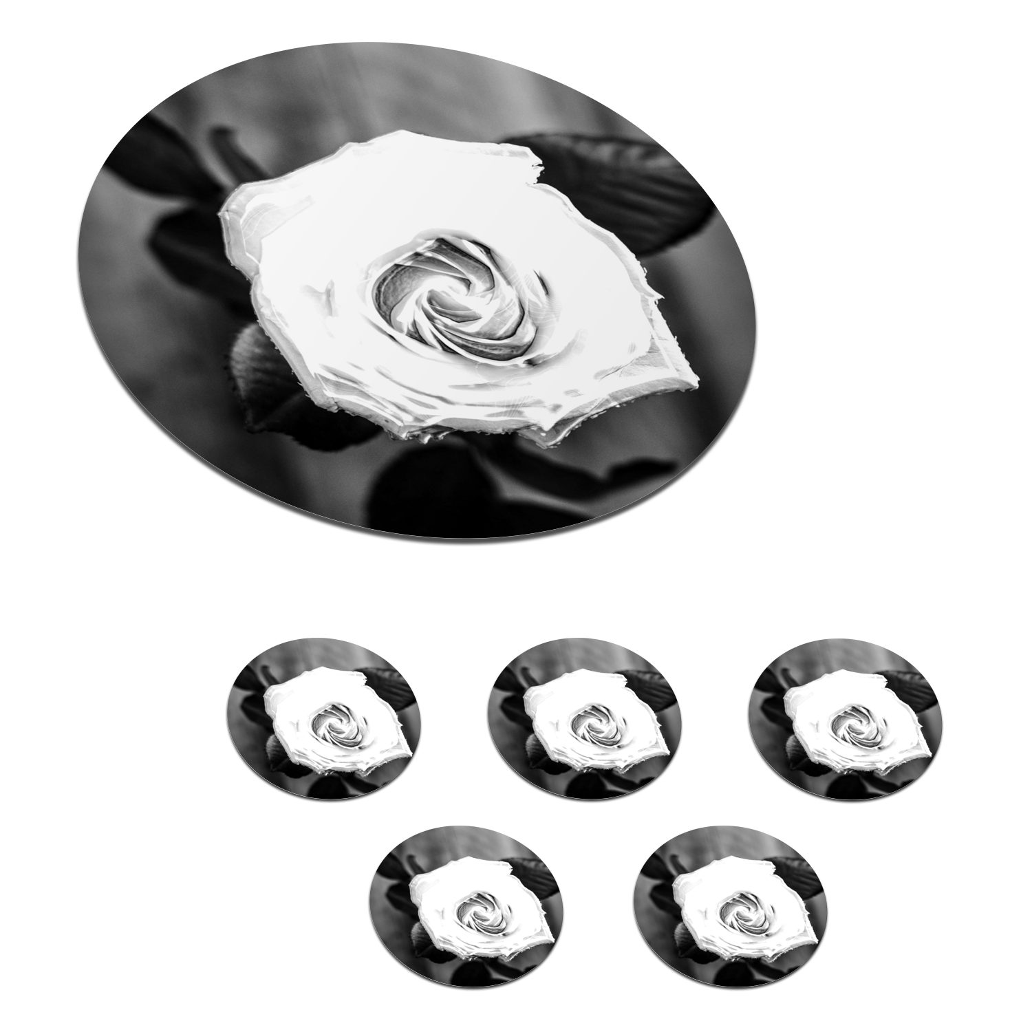MuchoWow Glasuntersetzer Rose - Blumen - Blätter - Schwarz - Weiß, Zubehör für Gläser, 6-tlg., Getränkeuntersetzer, Tassenuntersetzer, Korkuntersetzer, Tasse, Becher