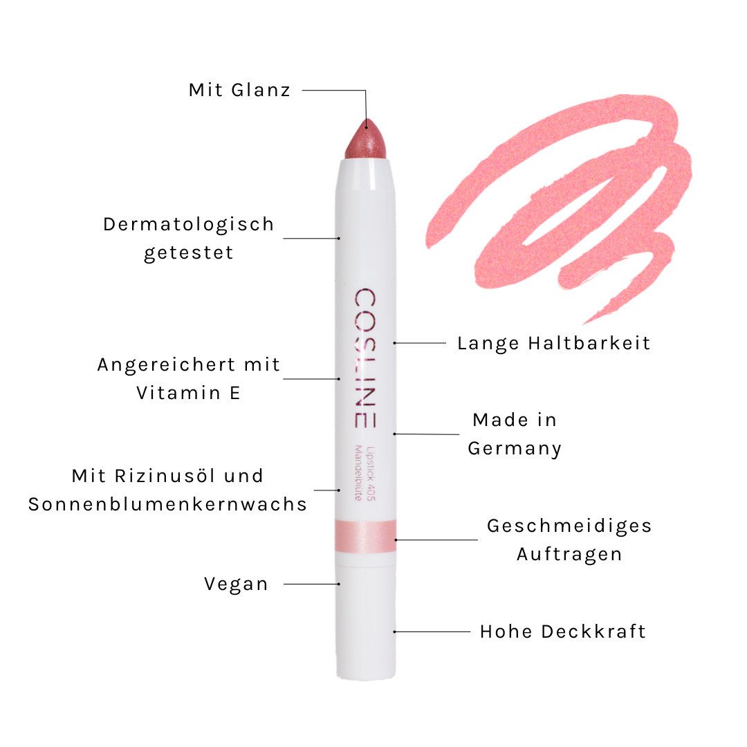 Cosline Cosmetics Lippenstift langanhaltend, pflegend, cremige Textur, mit natürlichen Inhaltsstoffen, Made in Germany
