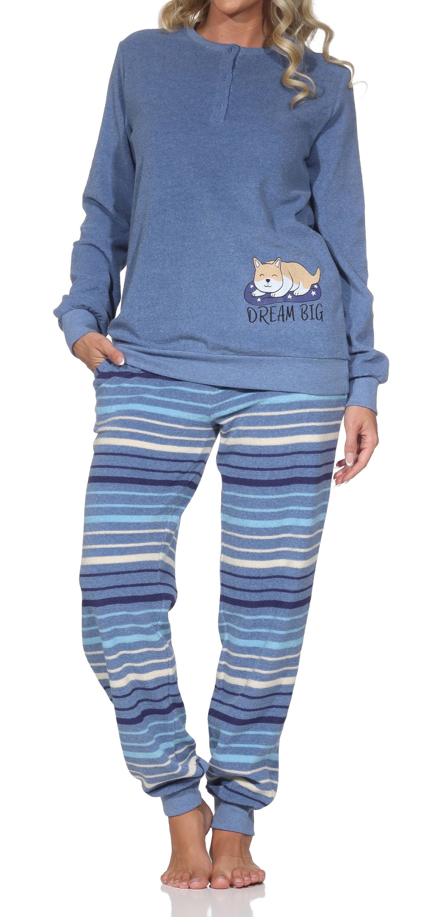Normann Pyjama Normann Damen Frottee Pyjama mit Bündchen + niedliches Tier-Motiv