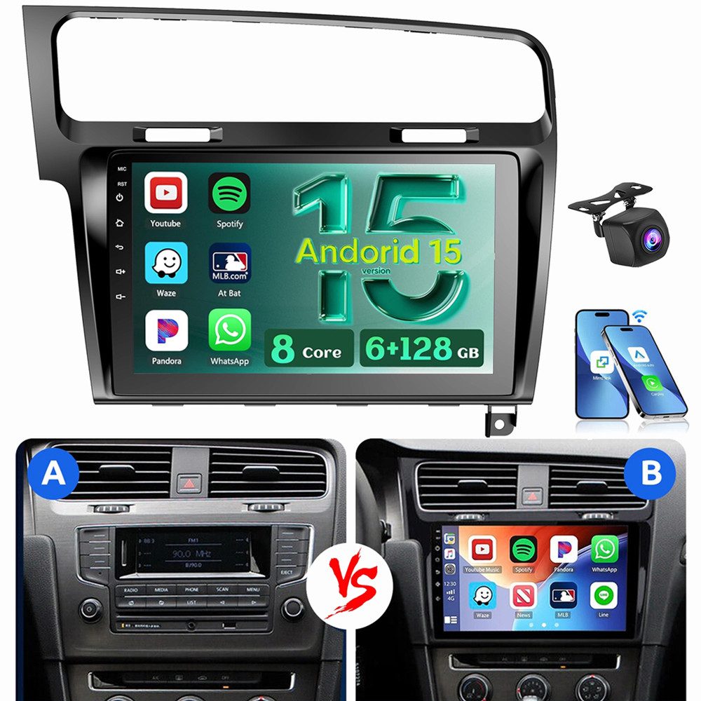 ESSGOO Für Golf 7 2013-2017 6+128GB 8-Kern NAVI Carplay QLED Autoradio (RDS, Digitalradio (DAB), FM, AM, Apple Carplay Android Auto 4G LTE ASP SWC BT GPS)