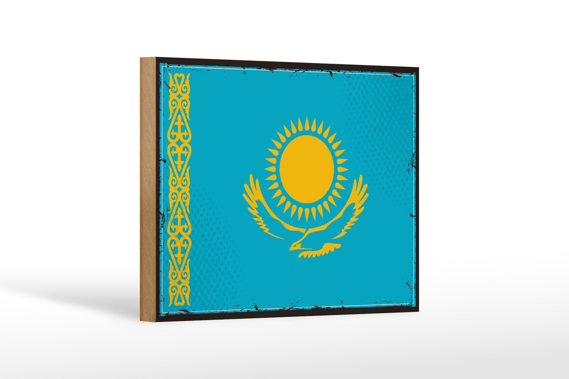 Femer GmbH Holzbild Flagge Kasachstans 18x12 cm Retro Kazakhstan, Flaggen (1 St), Glatte Holzfaserplatte (MDF), vorn beschichtet