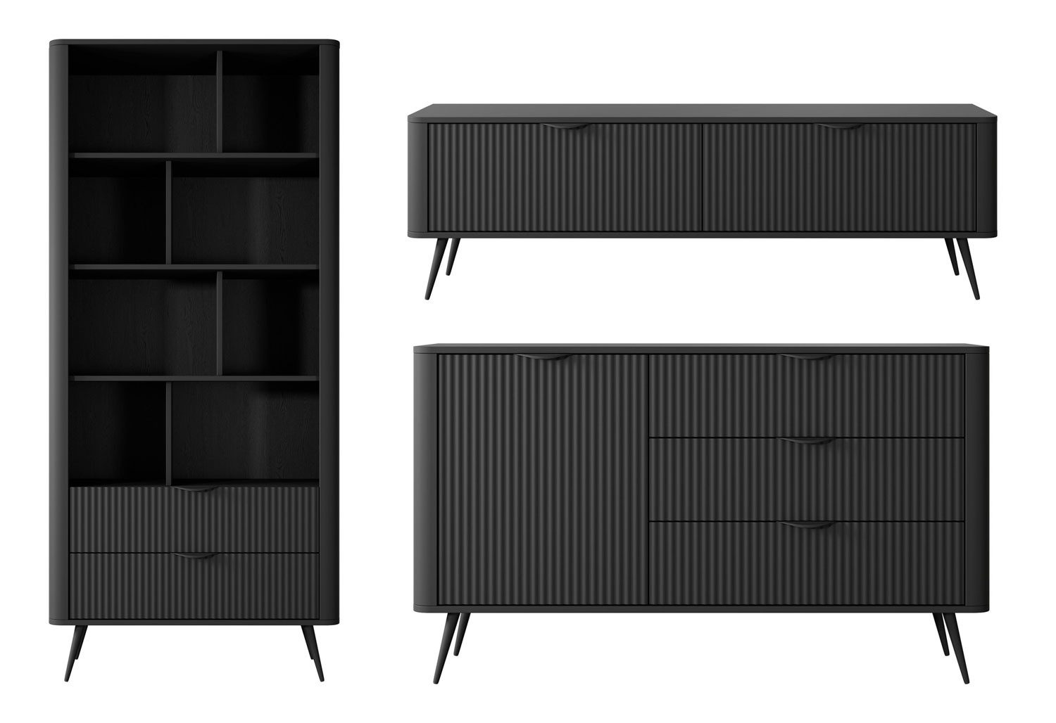 Feldmann-Wohnen Wohnwand Lante, (Schubladen mit Kugelvollauszug, Holzböden, Klapptüren, Drehtüren, 3-St., Metallgriffe und -füße in schwarz, Fronten geriffelte Wellenoptik), Farbe schwarz, 3-teilig - 1x Standregal, 1x Lowboard, 1x Sideboard