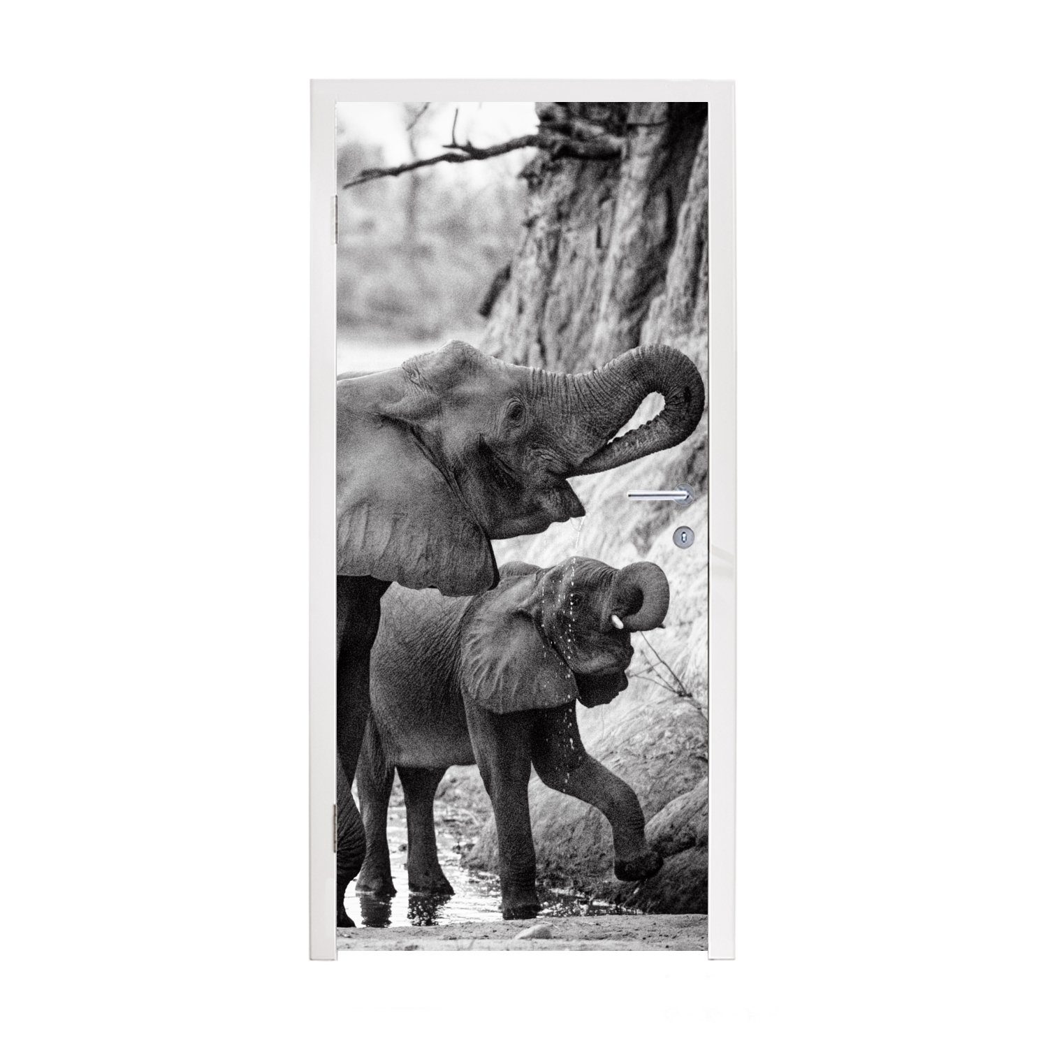 MuchoWow Türtapete Trinkendes Elefantenbaby mit seiner Mutter in Schwarz und Weiß, Matt, bedruckt, (1 St), Fototapete für Tür, Türaufkleber, 75x205 cm