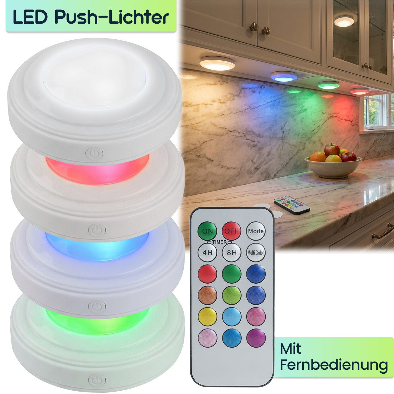 shop'n smile ideoon LED Unterbauleuchte 4er LED Push-Lichter Schrankleuchten Dimmbar Timer & Fernbedienung RGB, LED, Farbwechsel (12 Farben)/selbstklebend/3 LED – Bild 2 von 5