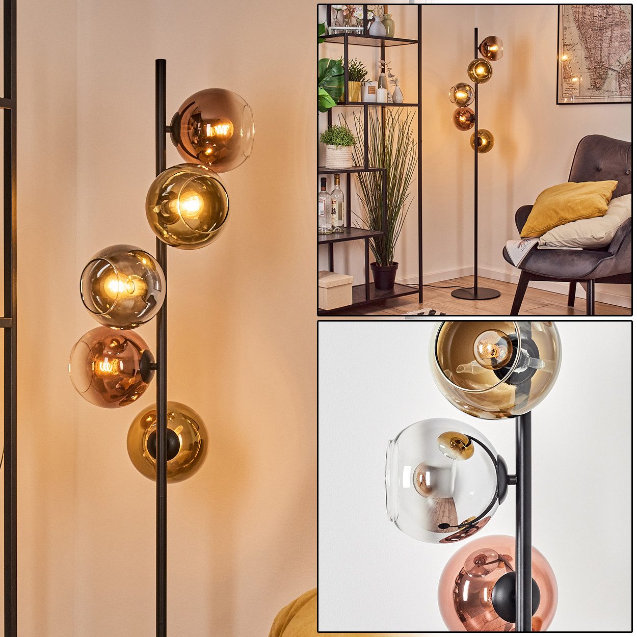 hofstein Stehlampe Stehlampe aus Metall/Glas in Schwarz/Chrom/Rauch/Gold/Kupfer/Klar, ohne Leuchtmittel, Stehleuchte im Retro/Vintage-Design mit Fußschalter, 160 cm, 5 x E14