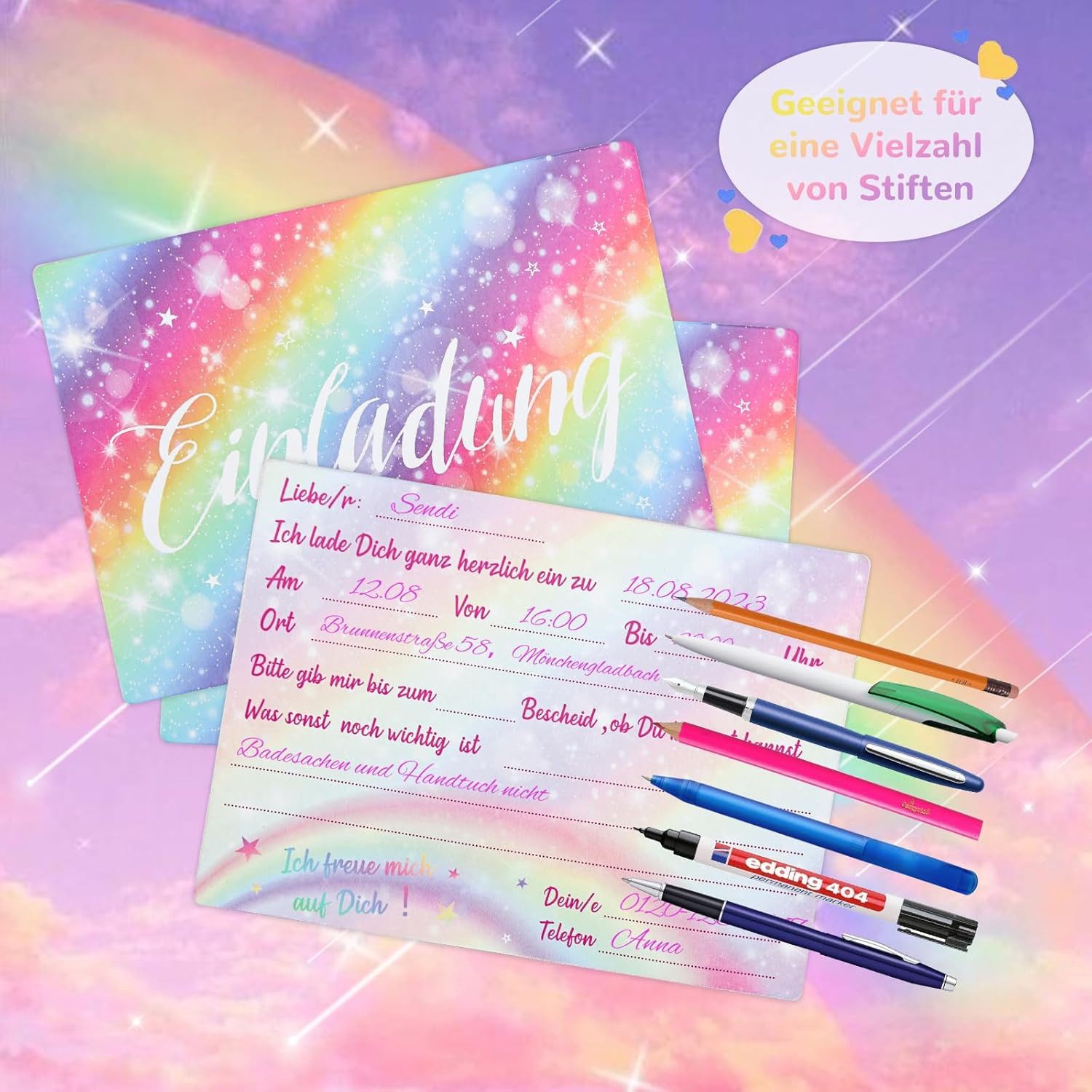 aitsite Einladungskarten 12er Set Einladungskarten Kindergeburtstag Regenbogen Doodle Party, 12er Set Kinder Einladungskarten Regenbogen Design, beschreibbar, bunt