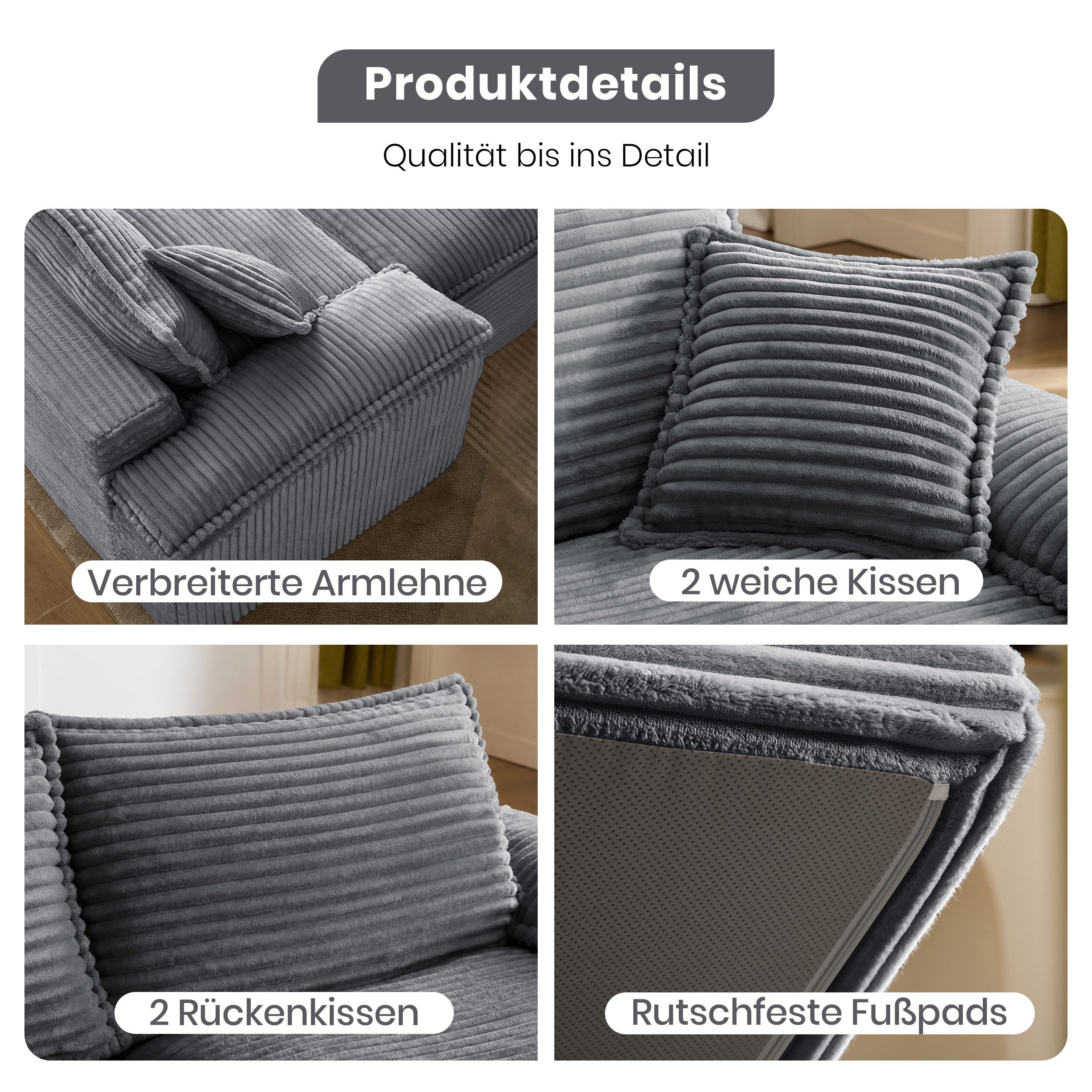 Vankel Schlafsofa Modulares Schlafsofa, 2-Sitzer Wohnzimmer Sofa mit Kissen, Bodensofa Cord Couch mit Hocker, Armlehne und Memory-Schaum