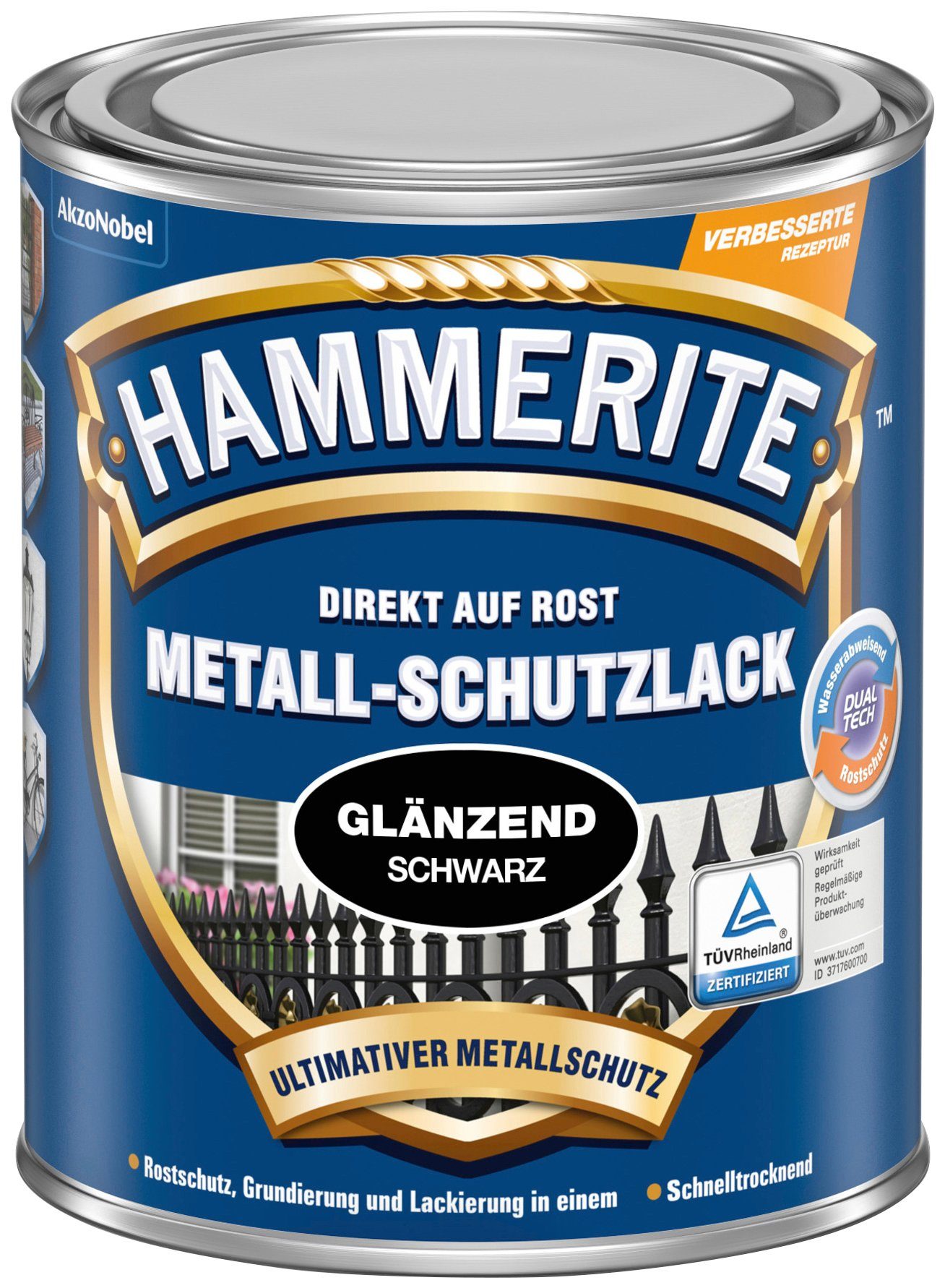 Hammerite  Metallschutzlack DIREKT AUF ROST, Liter, 0,25 glänzend schwarz