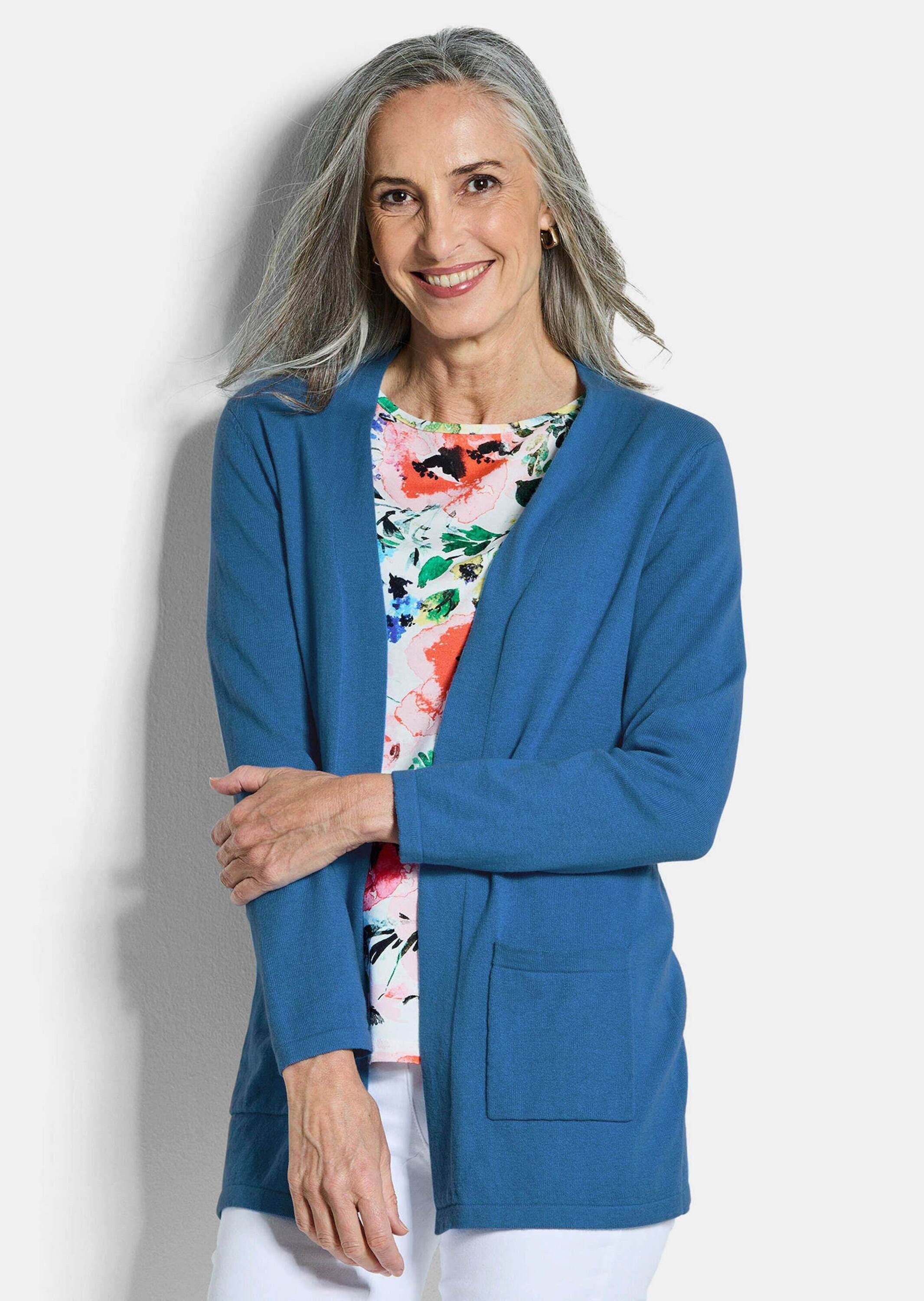 GOLDNER Strickjacke Kurzgröße: Elegante Strickjacke mit Kaschmir Longjacke ohne Verschluss mit aufgesetzten Taschen und Langarm