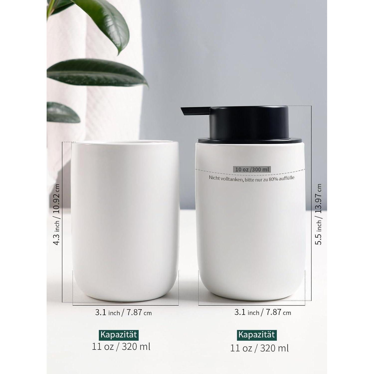 LuxusKollektion Seifenspender Seifenspender Keramik 350ml mit Zahnbürstenhalter Weiß