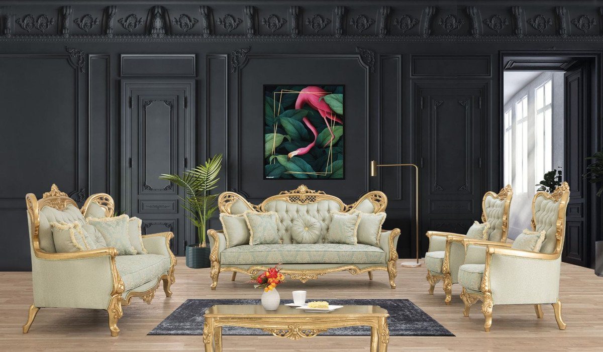 Casa Padrino Sofa - Luxus Wohnzimmer Prunkvoll Gold mit Sofa Möbel & Barock Glitzersteinen Wohnzimmer Handgefertigtes - Barock / Sofa Edel - Muster und elegantem Hellgrün