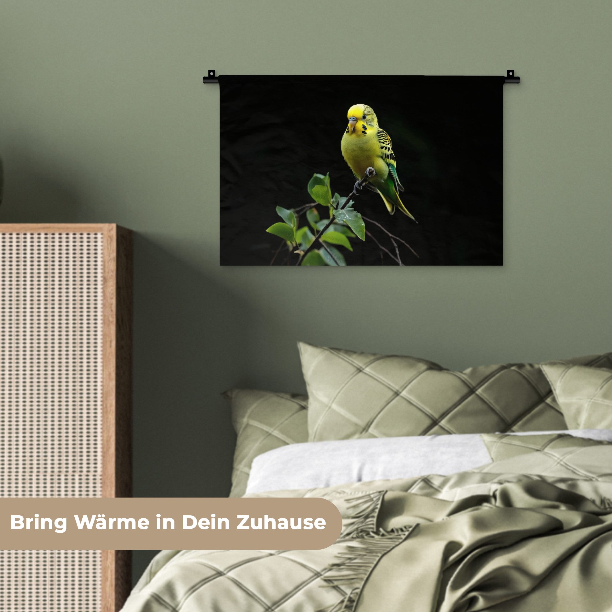 MuchoWow Wandteppich Sittich - Zweig - Blätter - Gelb, Rechteckig, Höhe: 3 mm, Wandteppich für Wohnzimmer, Schlafzimmer, 60x40 cm